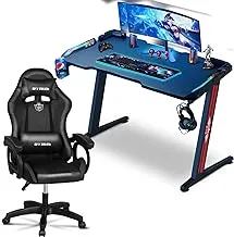SKY-TOUCH Ergonomic Gaming Desk+Gaming Chair suit,Z Shaped for Pc,with LED Lights Carbon Fiber Surface,Cup Holder and Headphone Hook,Ergonomic design Lumbar Support Adjustable Computer Chair,Black