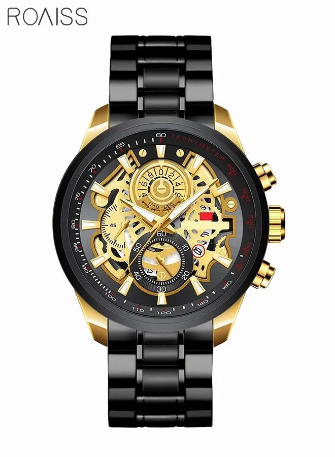 roaiss Men's Stainless Steel Strap Quartz Watch Analog Display Round Skeleton Dial Waterproof Watch with Three Small Dials