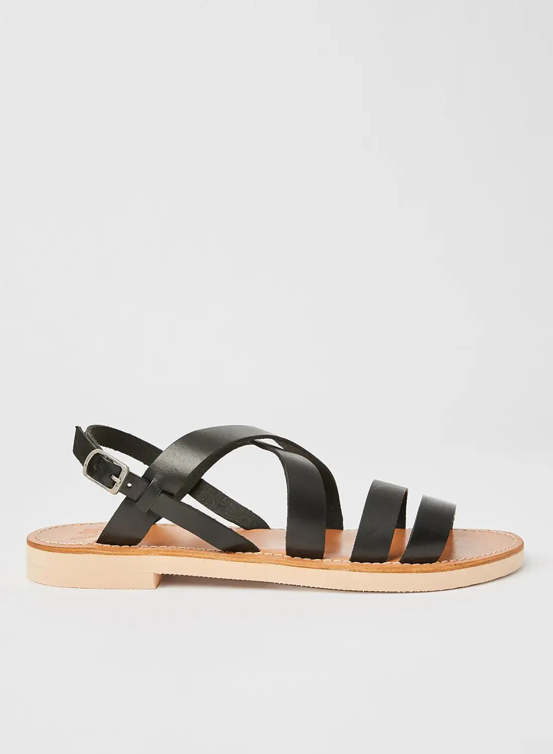 MANGO Strappy Leather Flat Sandals Black