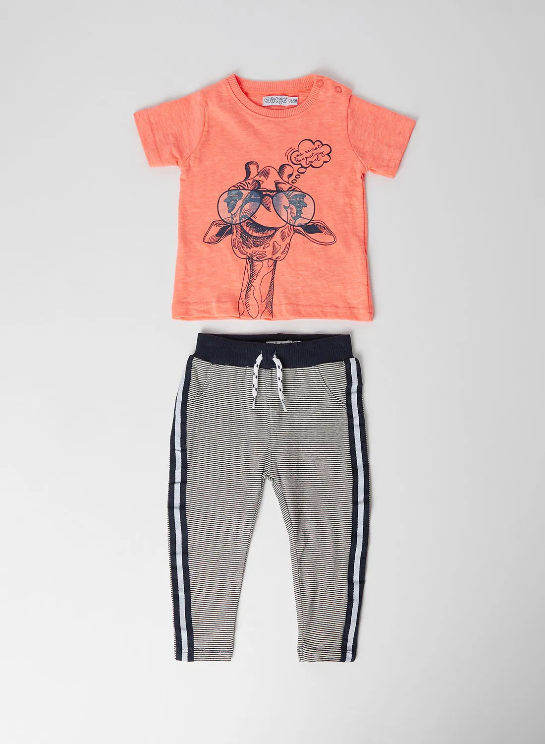 Dirkje Kids Giraffe Print T-Shirt and Joggers Set Navy Stripe/Neon Coral