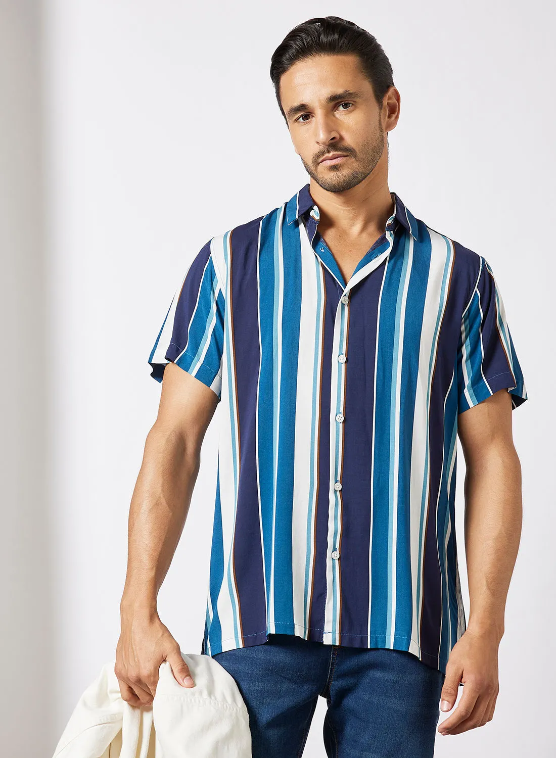 R&B Regular Fit Striped Print Short Sleeve Shirt Blue