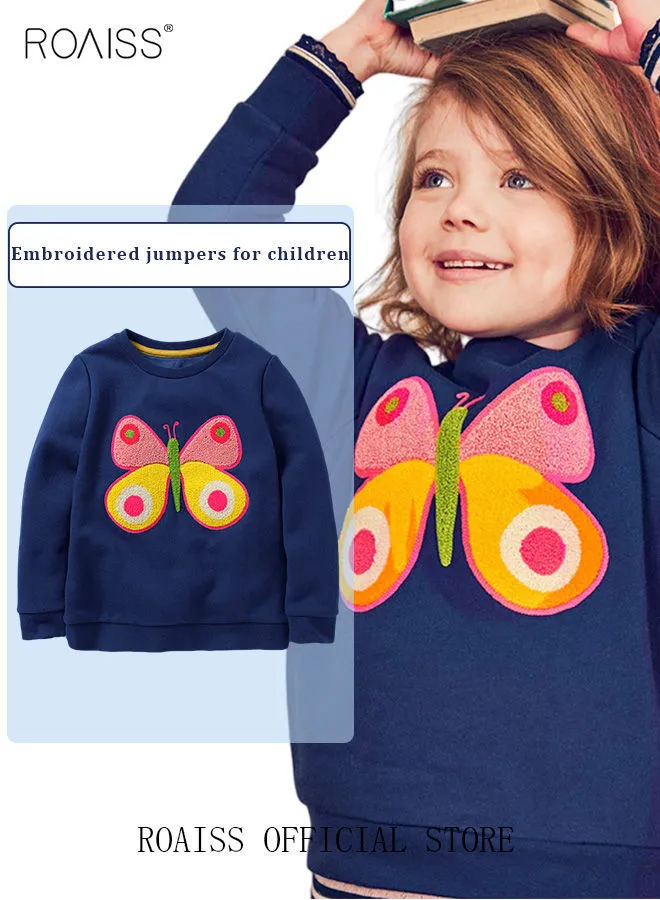 roaiss Unisex Kid Pullover Sweater Toddler Boy and Girl Pure Cotton Sweatshirt Children's Popular Round Neck Butterfly Graphic Long Sleeve Tops Fall Winter Outfit Clothing Dark Blue