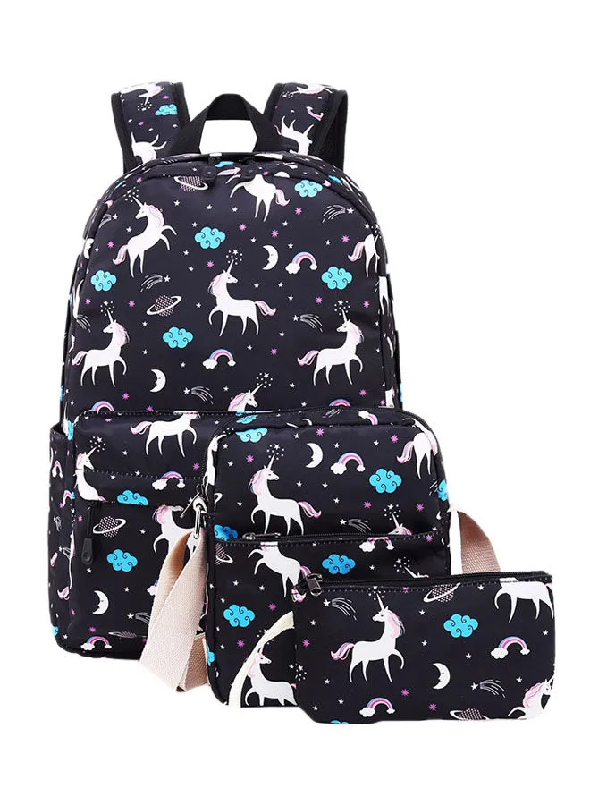 Generic 3-Piece Unicorn Printed Backpack Set Black/White/Blue