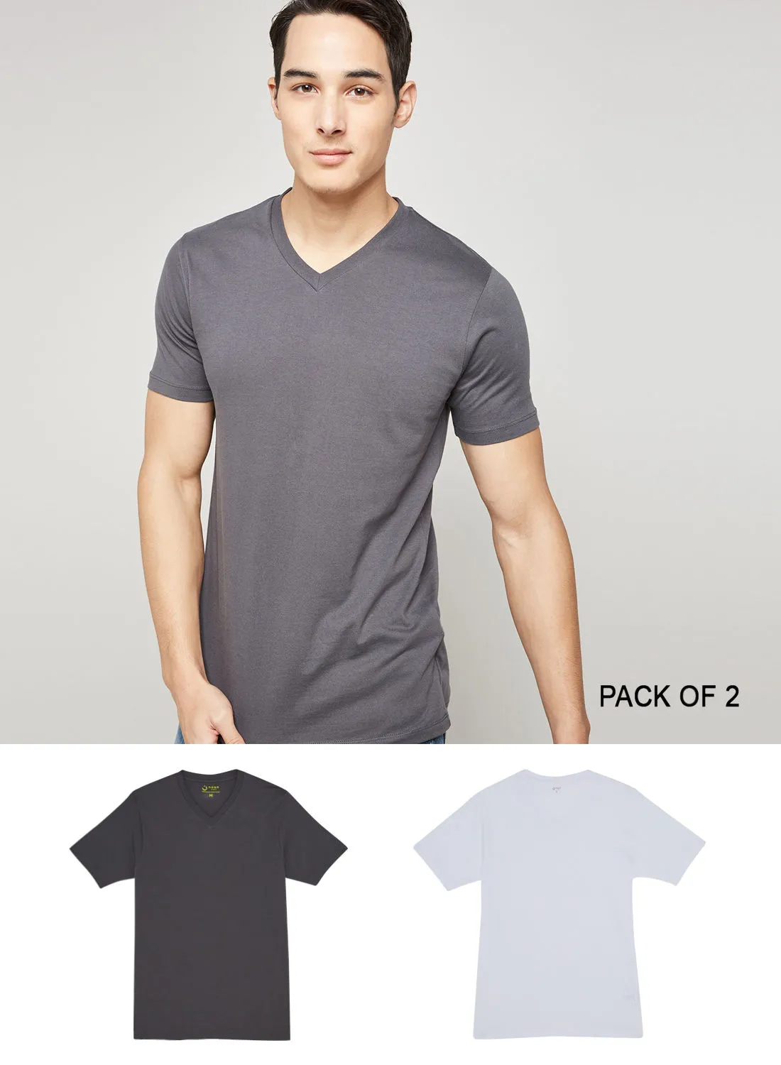 Noon East V-Neck T-Shirt, Pack Of 2, 100% Cotton, Comfort Fit Dark Grey/ White Wash