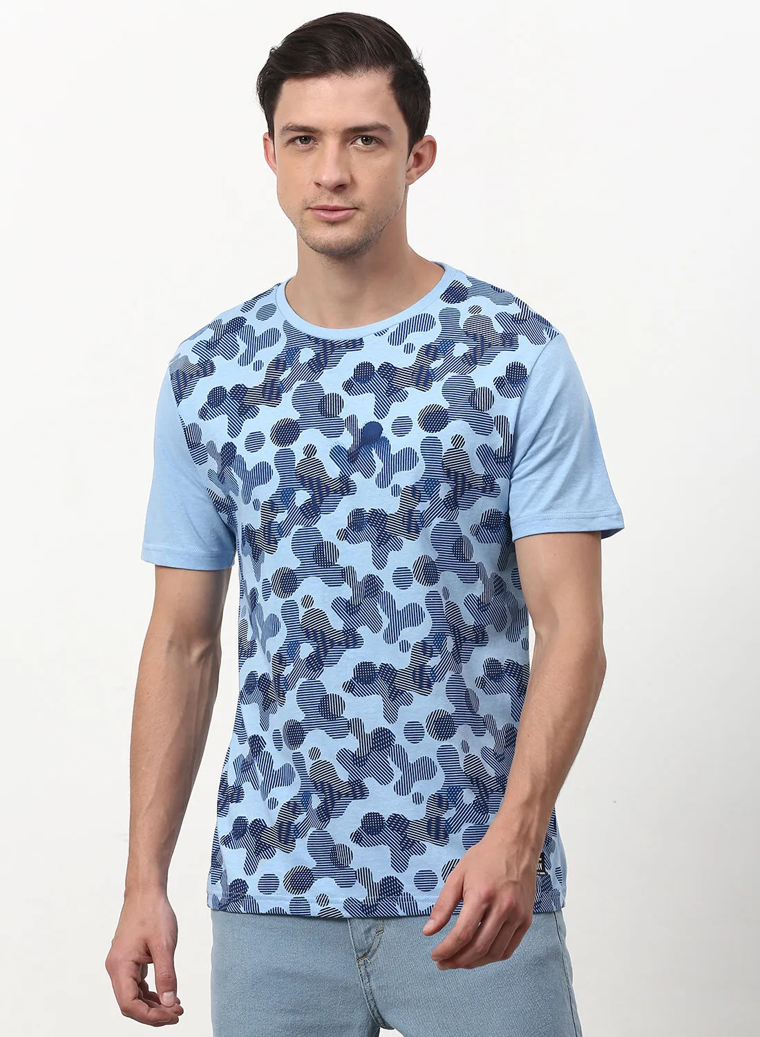 ABOF Front Graphic Printed Regular Fit Crew Neck T-Shirt Very Light Blue