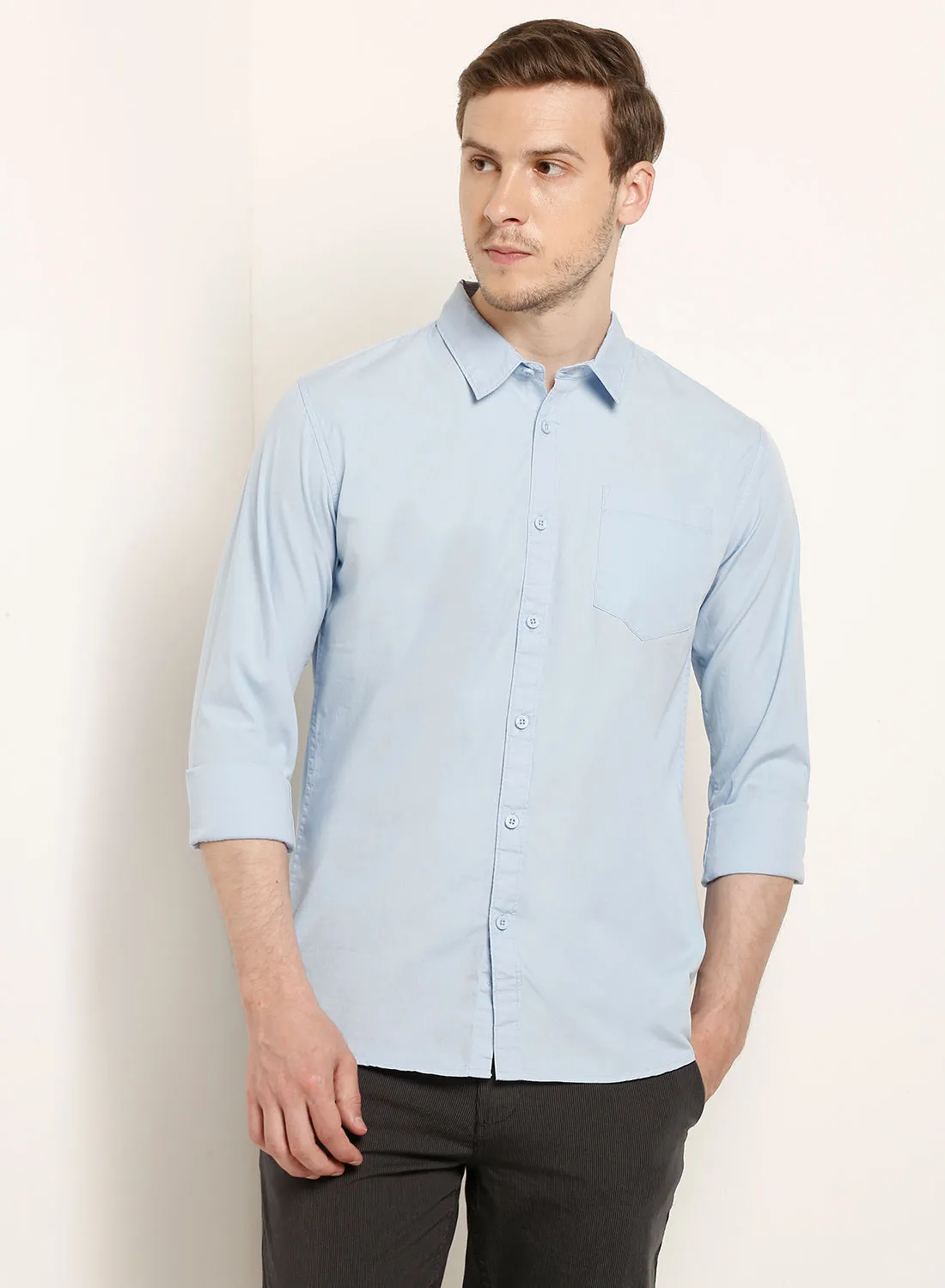 ABOF قميص عادي مريح برقبة بياقة عادية ومريح أزرق فاتح صيني