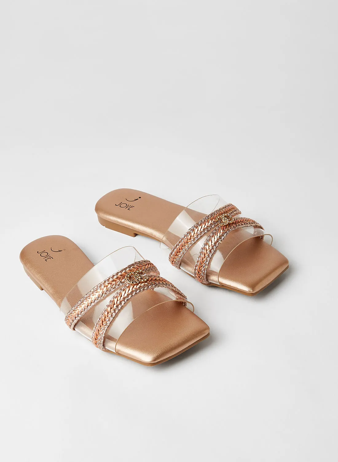 Jove Braided Strap Detail Slip-On Flat Sandals Rose Gold/Clear