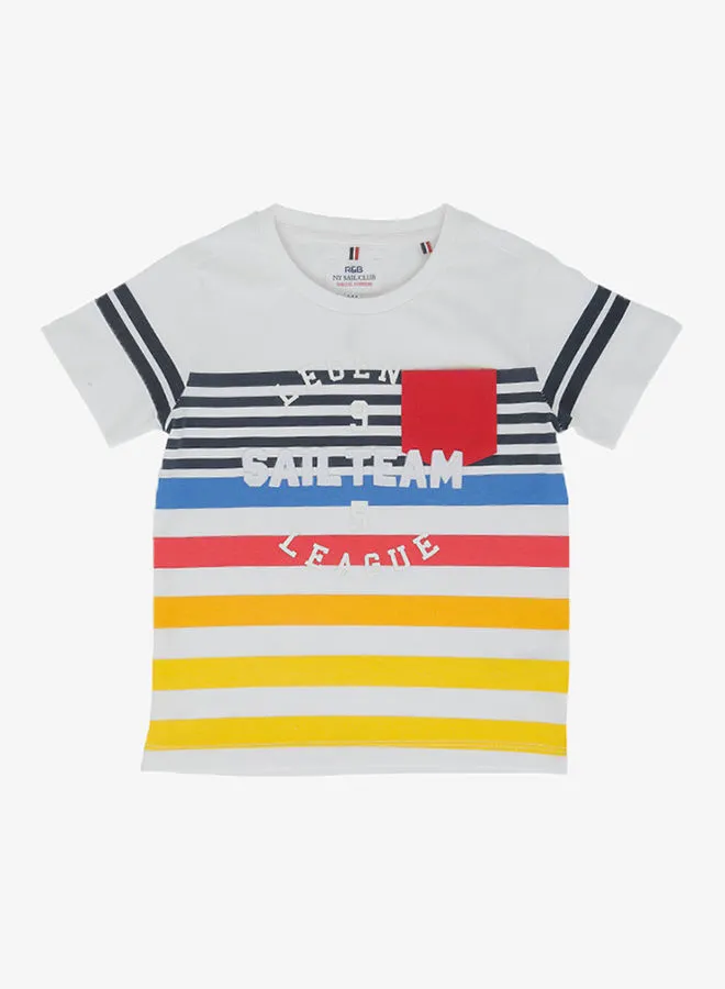 R&B Striped Print Round Neck T-Shirt White/Red/Yellow