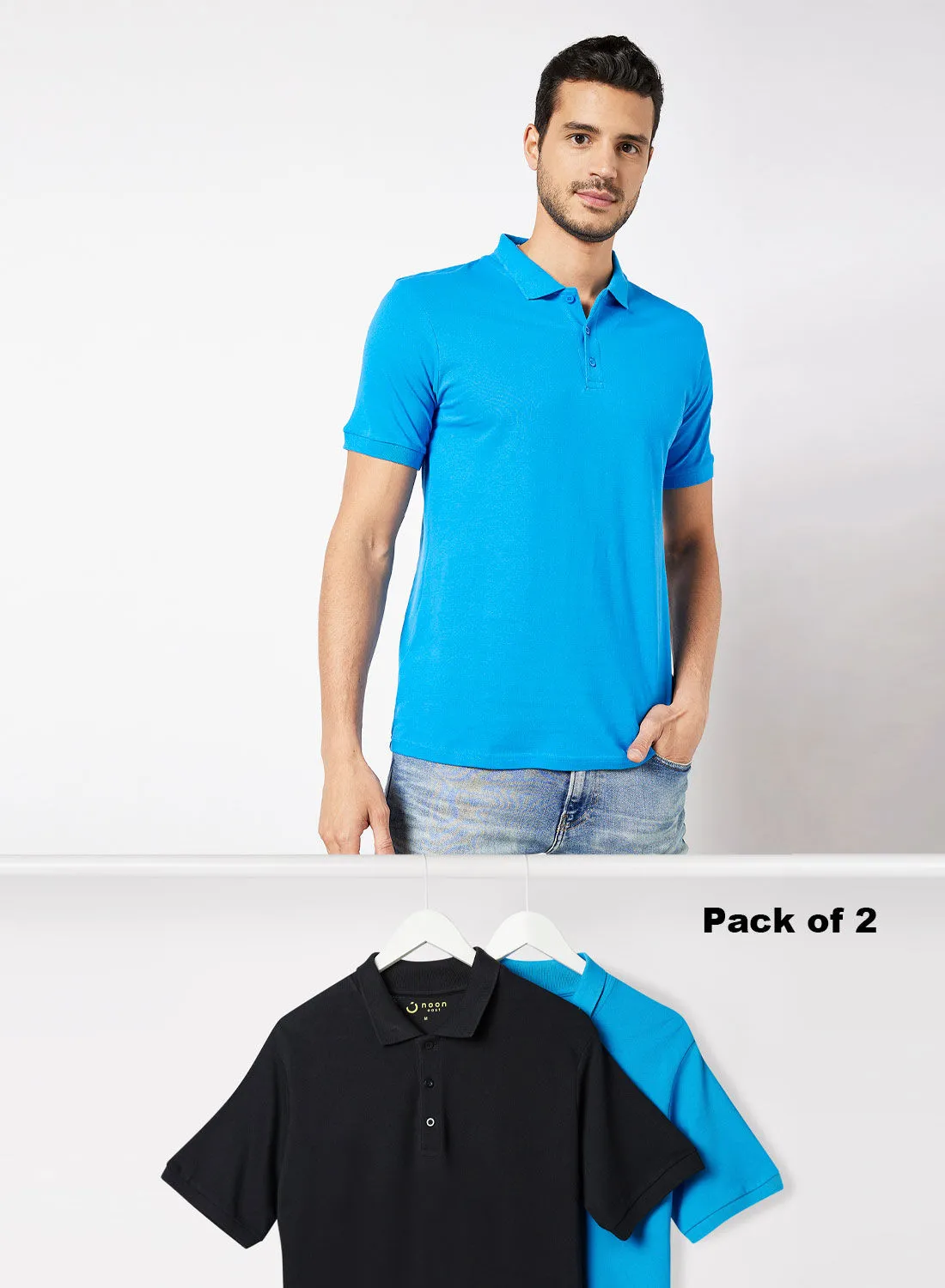 Noon East Pack Of 2 Men's Basic Casual Polo Neck Cotton Comfort Fit Half Sleeve T-Shirt Black/Ibiza Blue