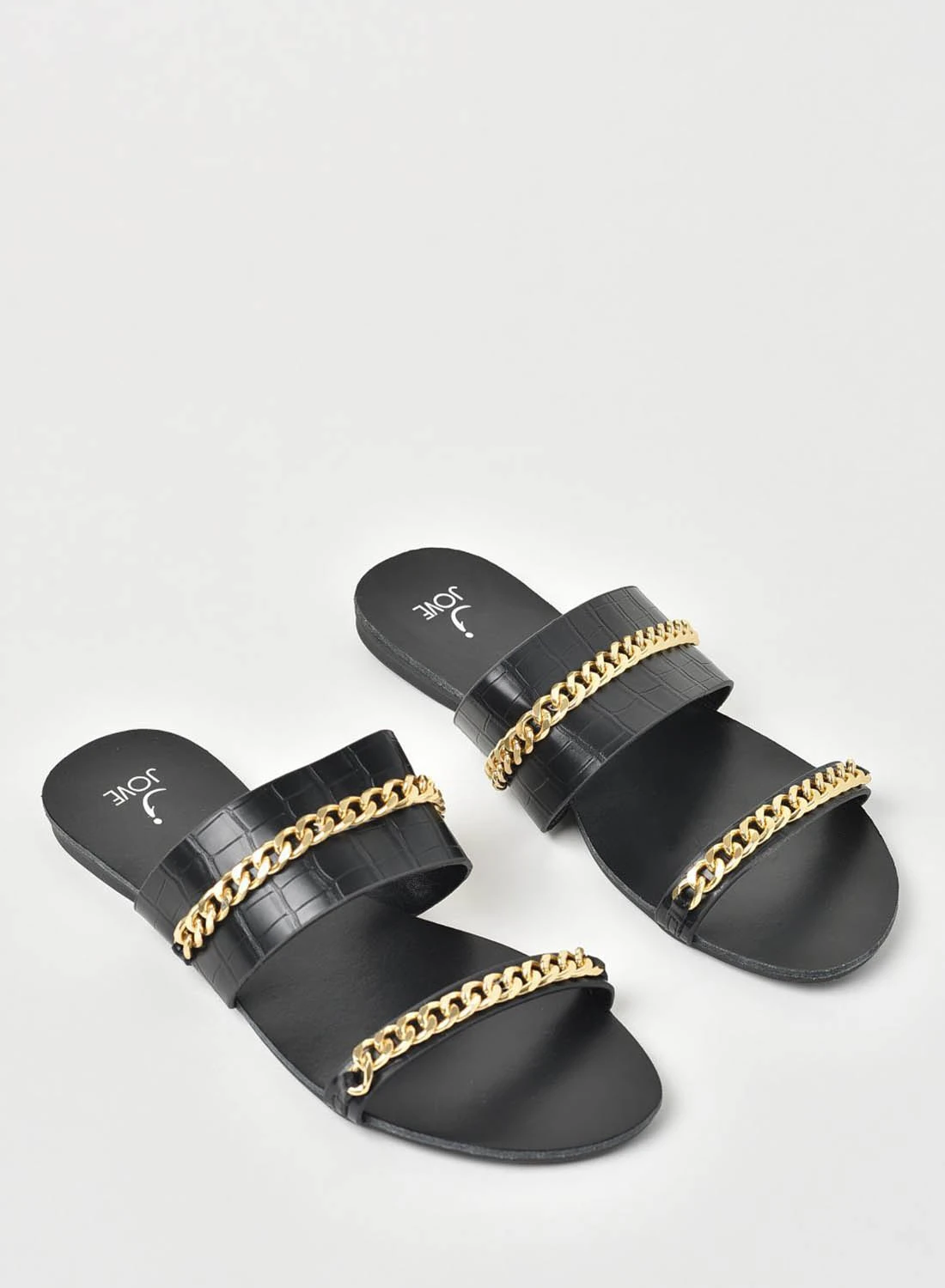 Jove Animal Pattern Chain Detail Strap Flat Sandals Black/Gold