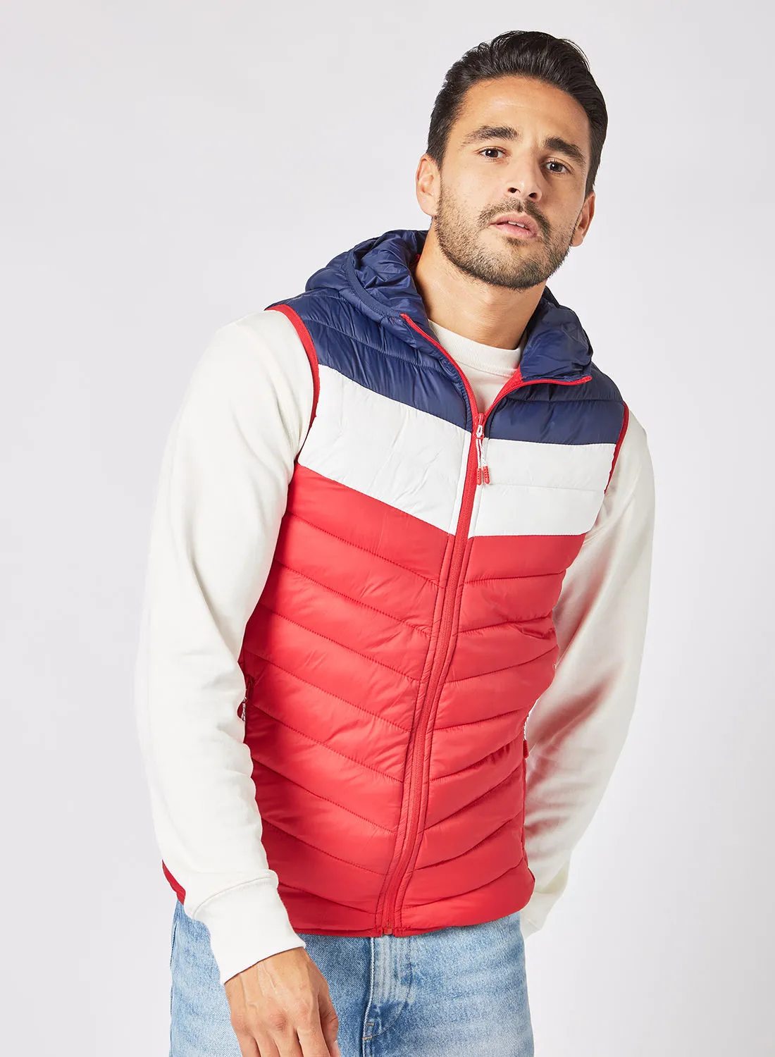 Athletiq Men's Casual Hooded And Side Pockets Detail Stripped Puffer Vest Jacket Red/Blue