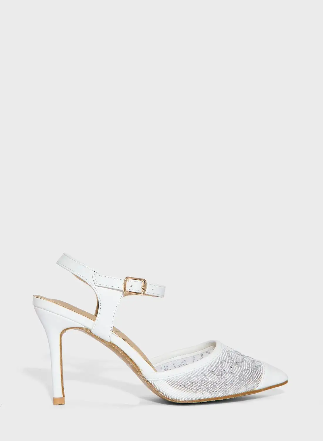 Ella Limited Edition Beaded Mesh Ankle Strap Pumps - White