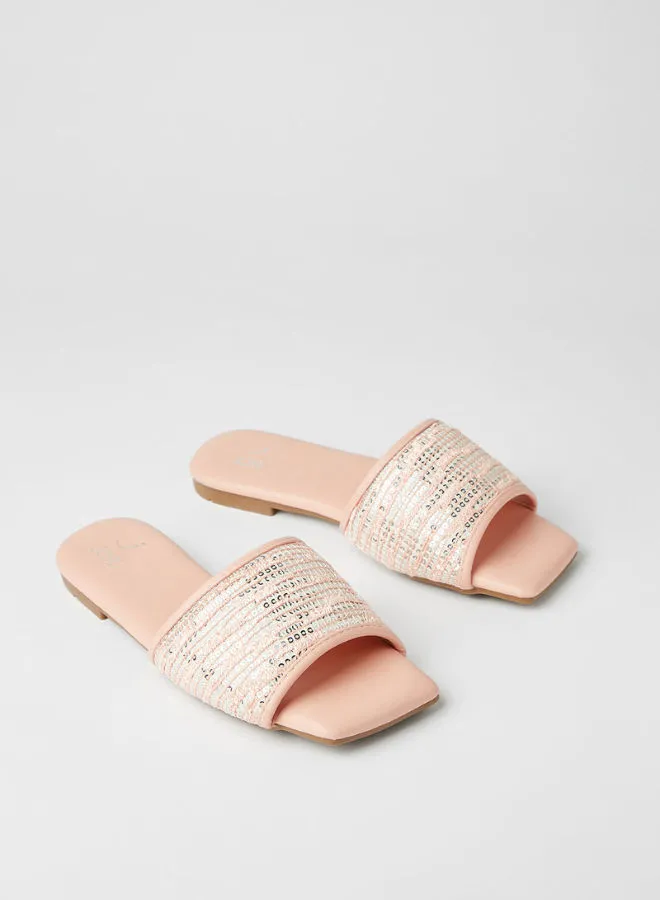 Jove Strap Detail Square Toe Slip-On Flat Sandals Pink