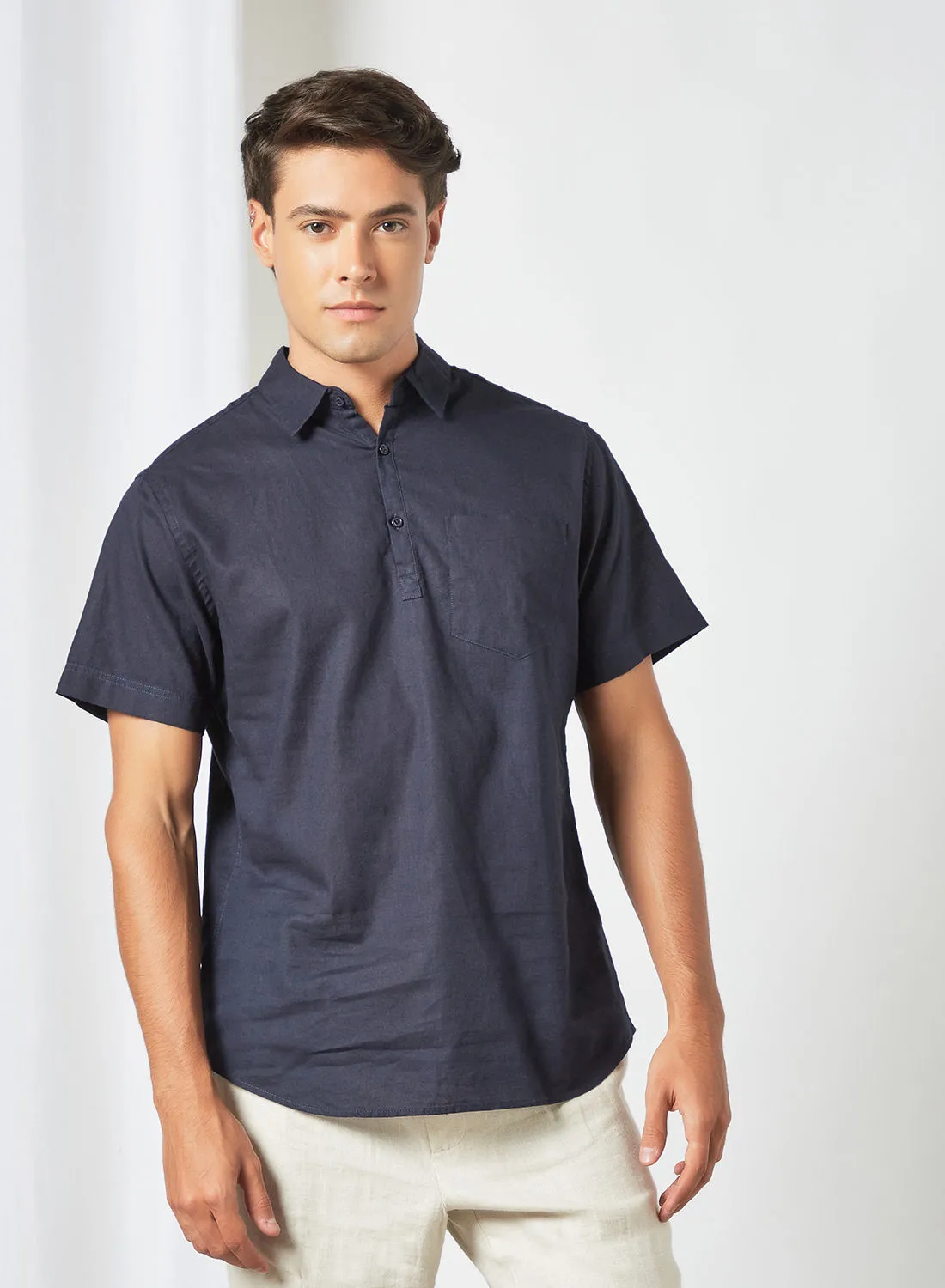 R&B Men's Textured Short Sleeve Shirt Navy Blue