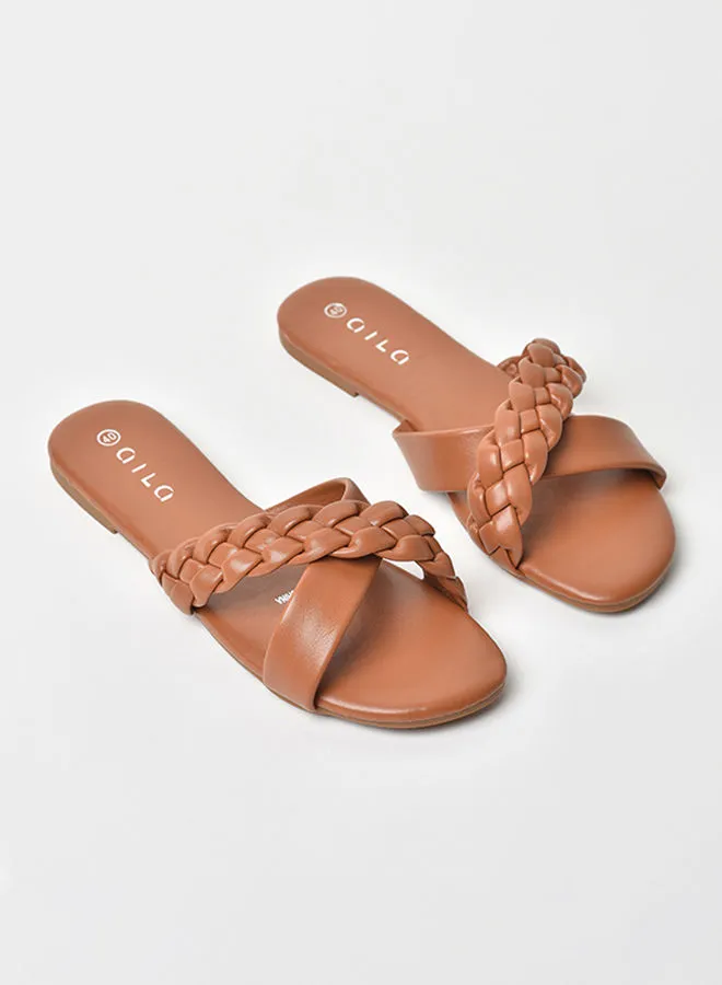 Aila Slip-On Detail Flat Sandals Tan