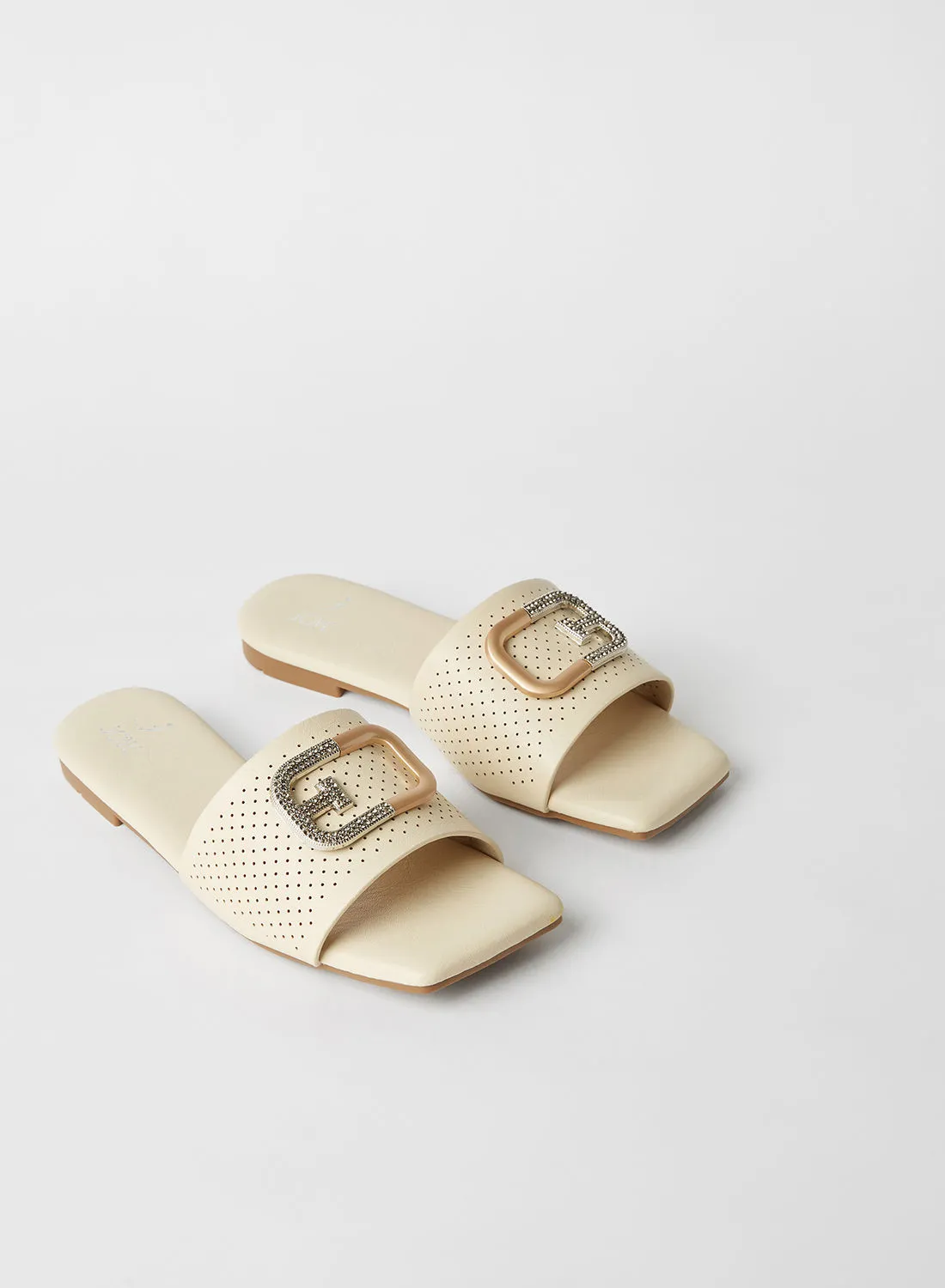 Jove Buckle Strap Detail Slip-On Flat Sandals Beige