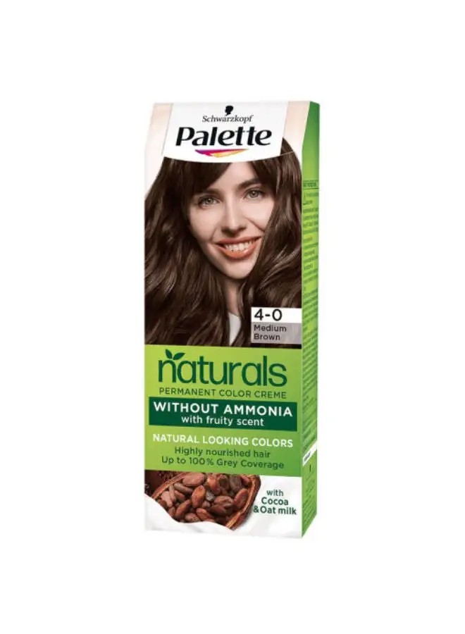 Palette Permanent Natural Hair Color Cream 4-0, Medium Brown 110ml