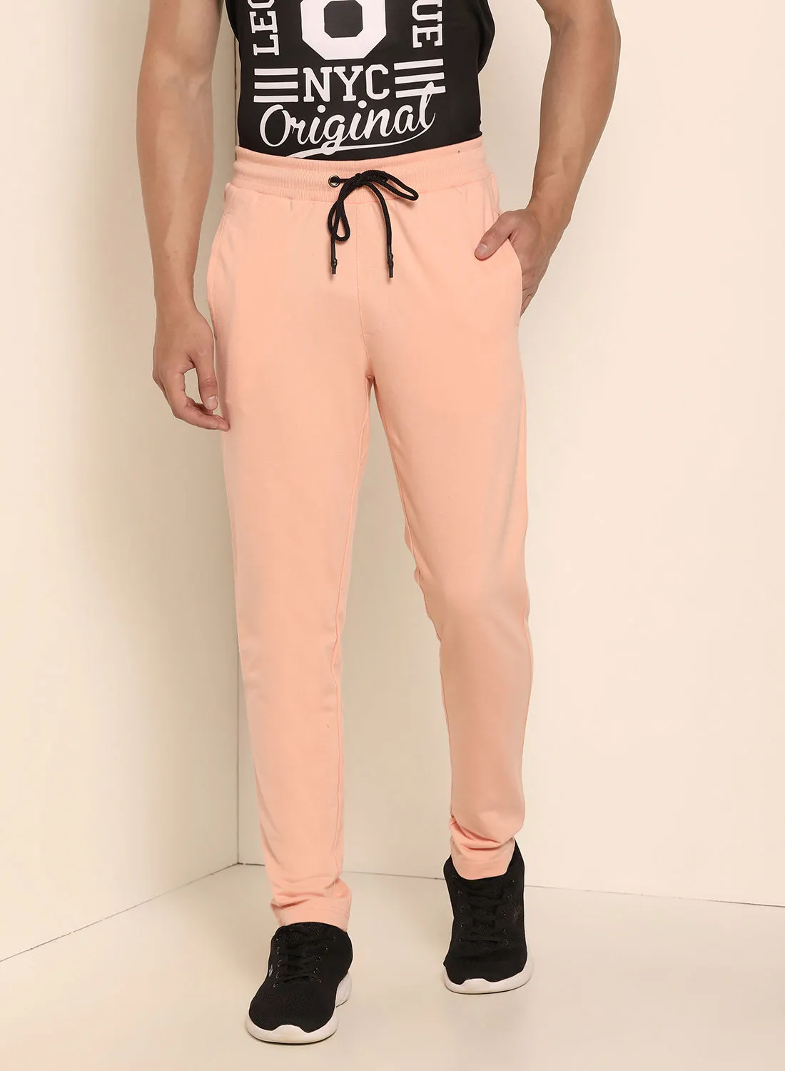 ABOF Knitted Drawstring Detail Slim Fit Mid-Rise Plain Rib Cuff Joggers Peach/Black