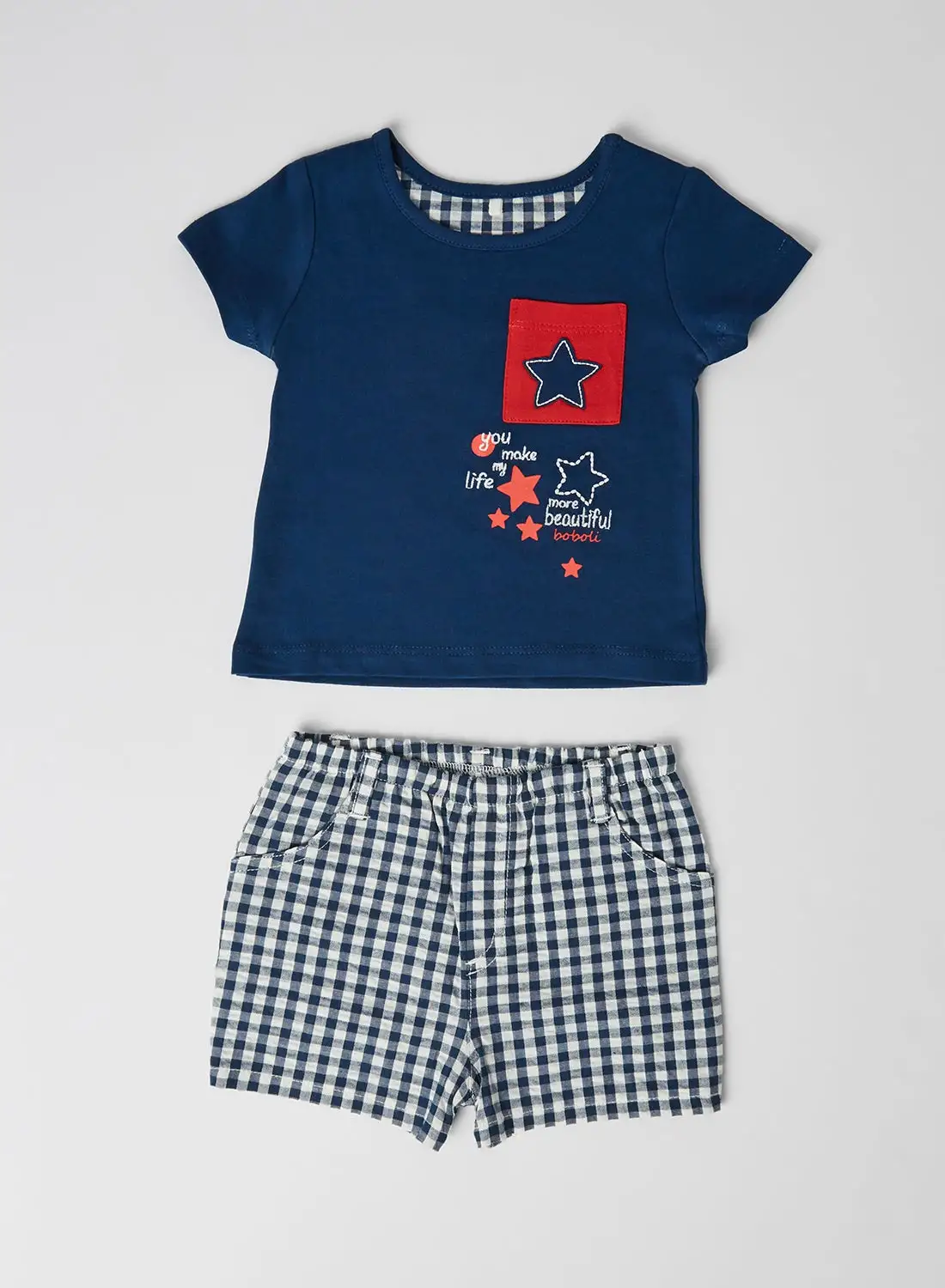 Boboli Baby T-Shirt and Checked Shorts Set indigo