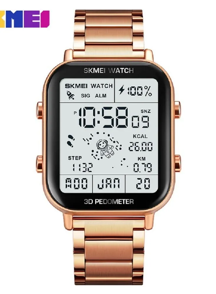 SKMEI Watches for Men Stainless Steel Multi-Function Water Resistance Digital Watch 3D Pedometer Rose gold 1888