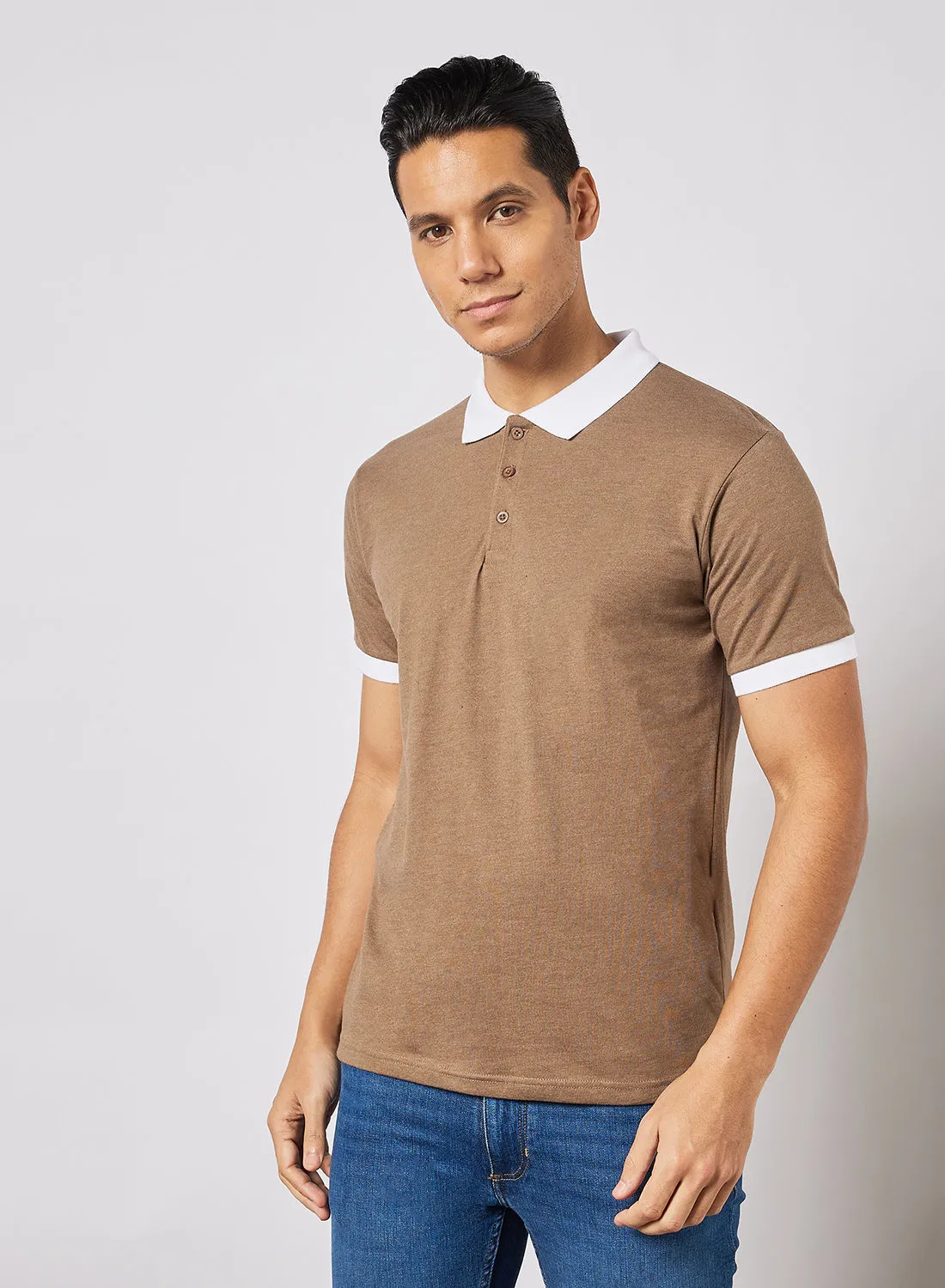 Noon East Men's Basic Casual Polo Cotton T-Shirt with contrast details in Regular Fit Heather Brown