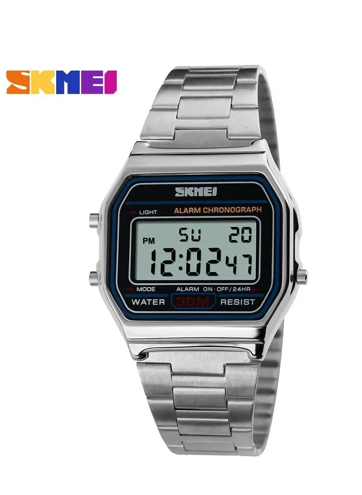 SKMEI Watches for Men Stainless Steel Water Resistant Digital Watch 1123 Silver