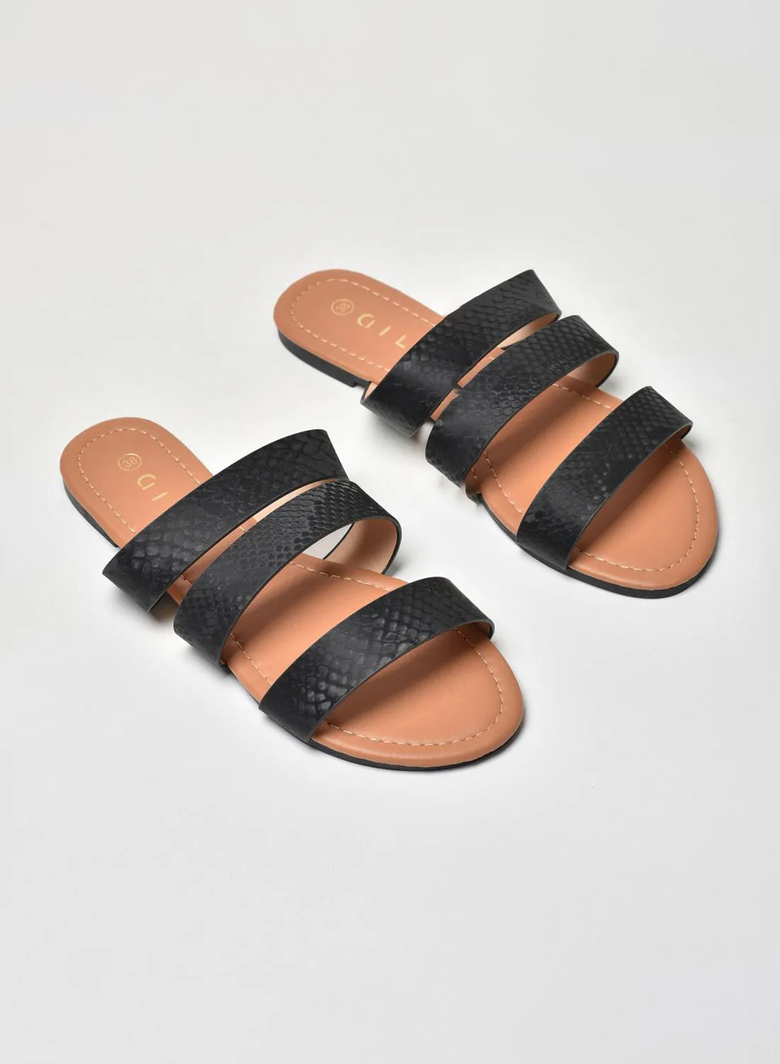 Aila Animal Printed Triple Strap Flat Sandals Black