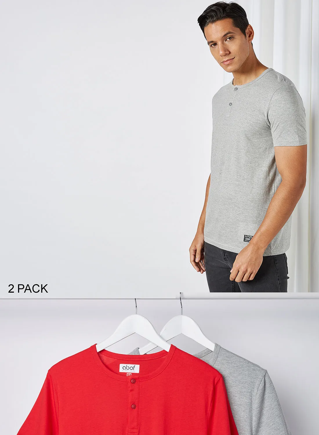 ABOF Basic Slim Henley T-Shirt(Pack of 2) Red & Grey Melange