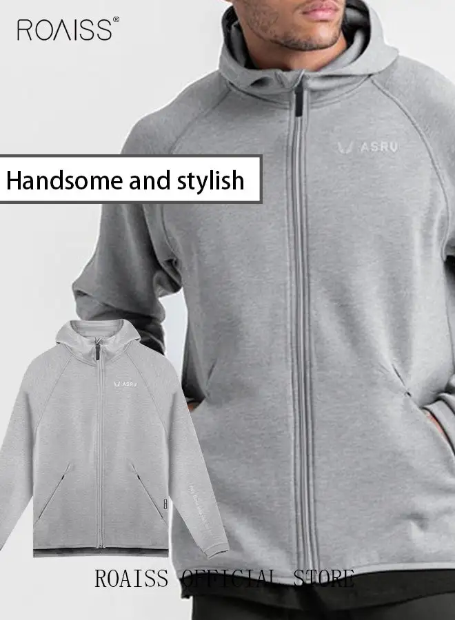 roaiss Men's Zipper Up Hooded Sweatshirt with Pockets Fall Winter Clothing for Men Sports Sweater Activewear Outerwear Loose Jacket Plus Size Solid Color Printed Cardigan Coat Grey