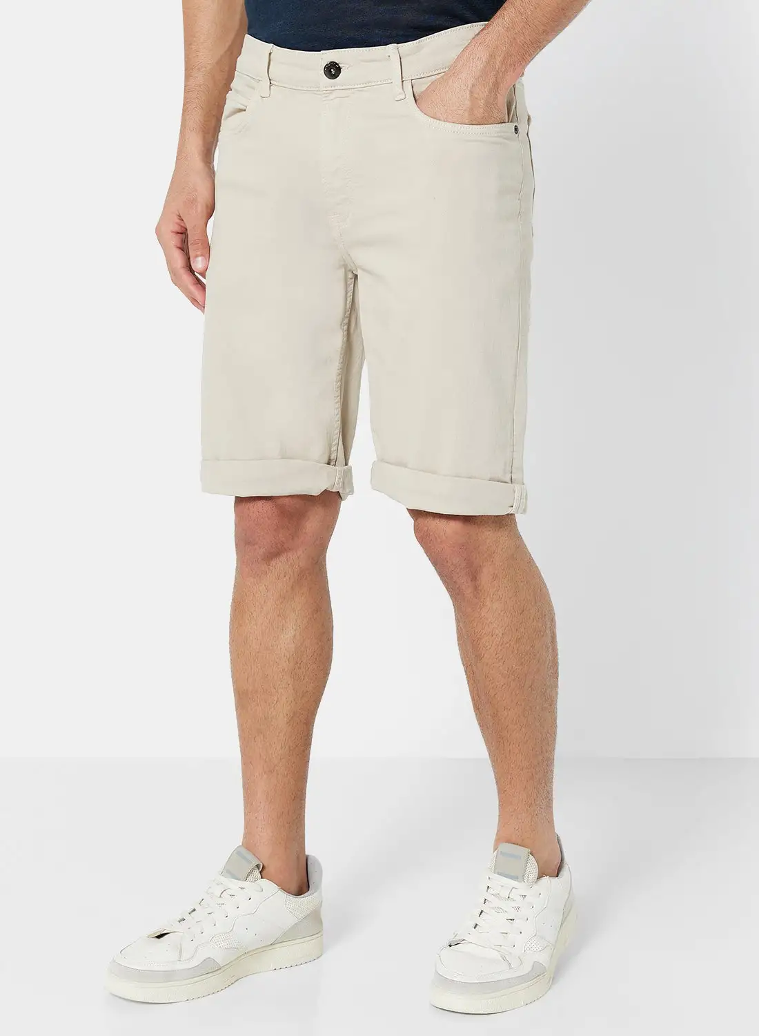 MANGO Roll Hem Denim Shorts Beige