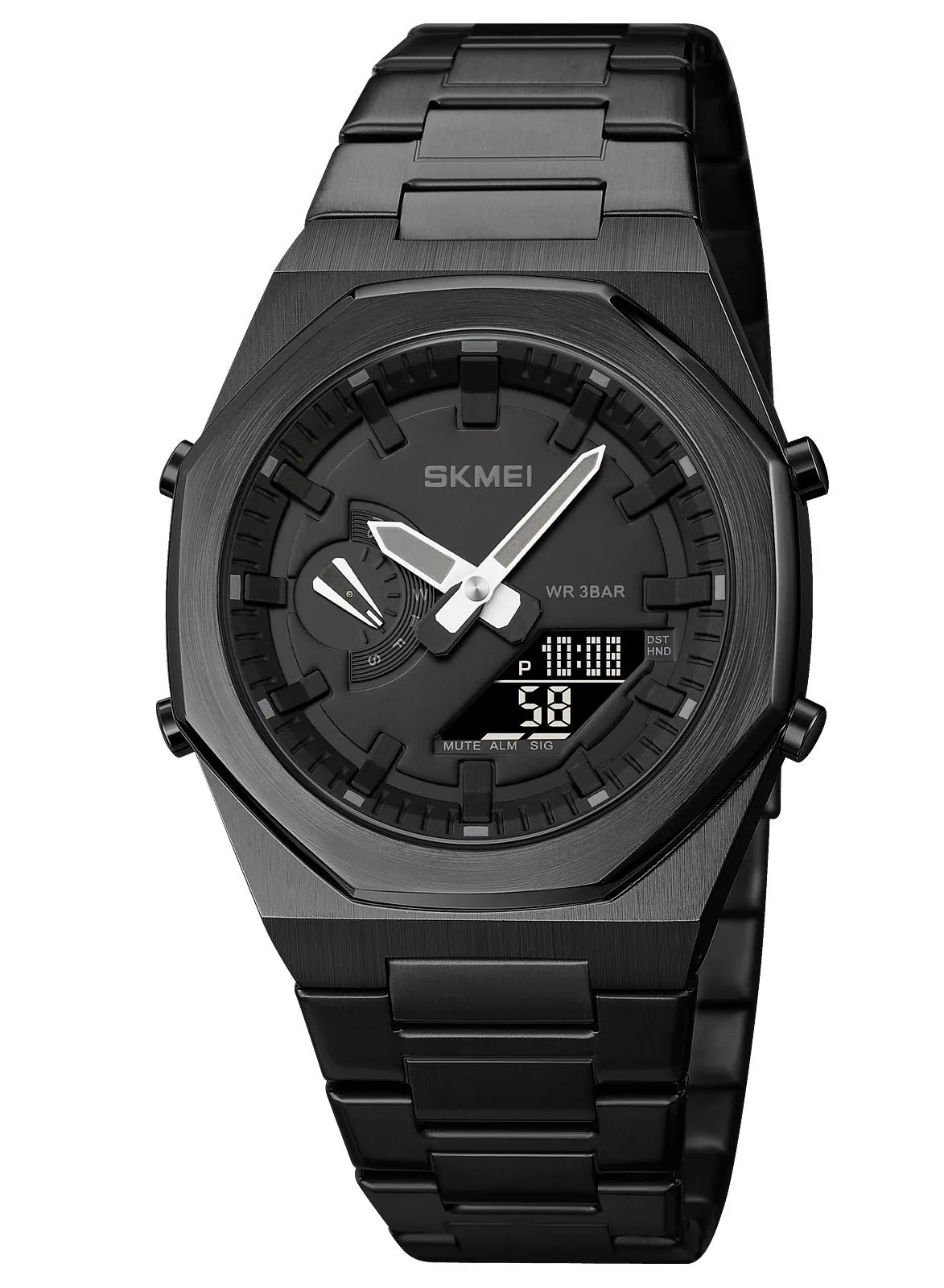 SKMEI Watch for Men Waterproof Analog+Digital Stainless Steel Wrist Watch Black 41mm 1816