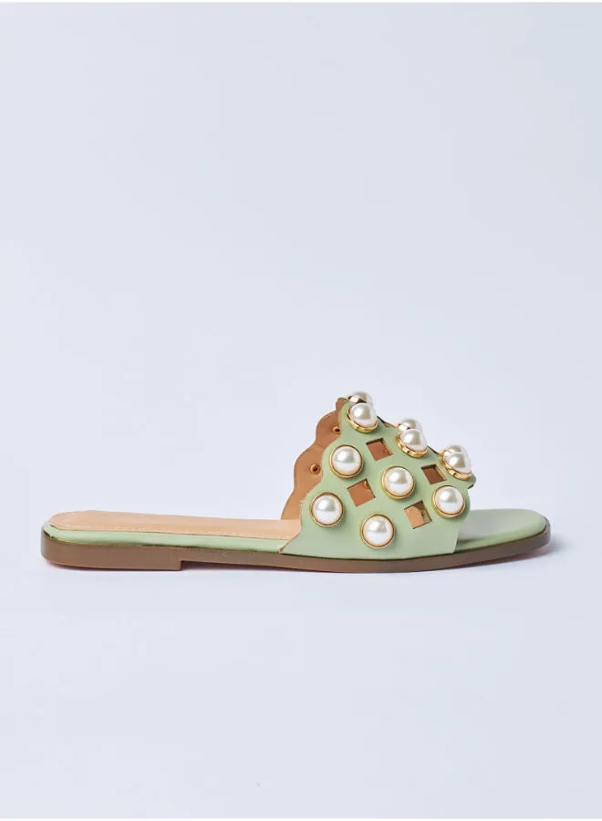Aila Imitation Pearls Embedded Slip-On Sandals Green