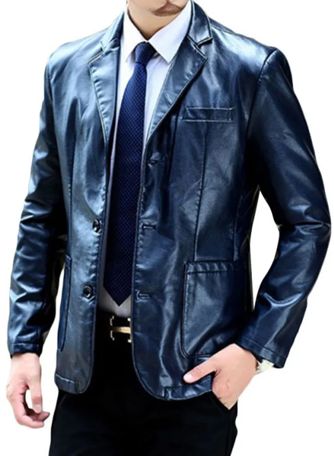 Lucky Solid Casual Leather Jacket Blue
