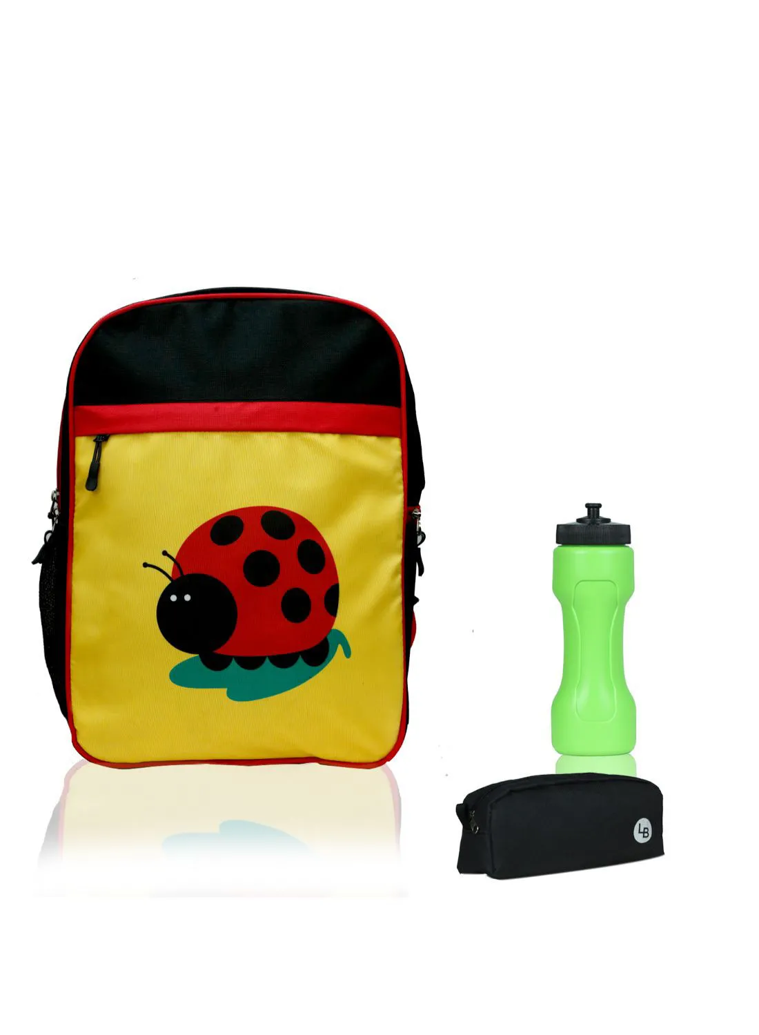 LIONBONE Ladybug Printed Polyester Kids Backpack with zip closure Ideal for 4-6 years age group, Plastic Sipper And Polyester Pouch Yellow-Black
