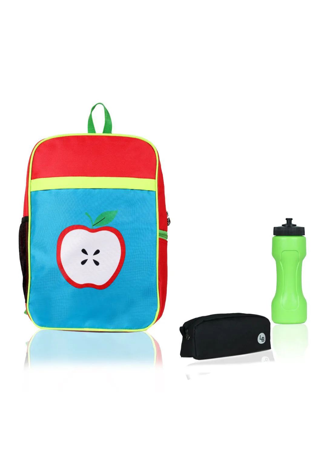 LIONBONE Apple Printed Polyester Kids Backpack with zip closure Ideal for 4-6 years age group, Plastic Sipper And Polyester Pouch SkyBlue-Red