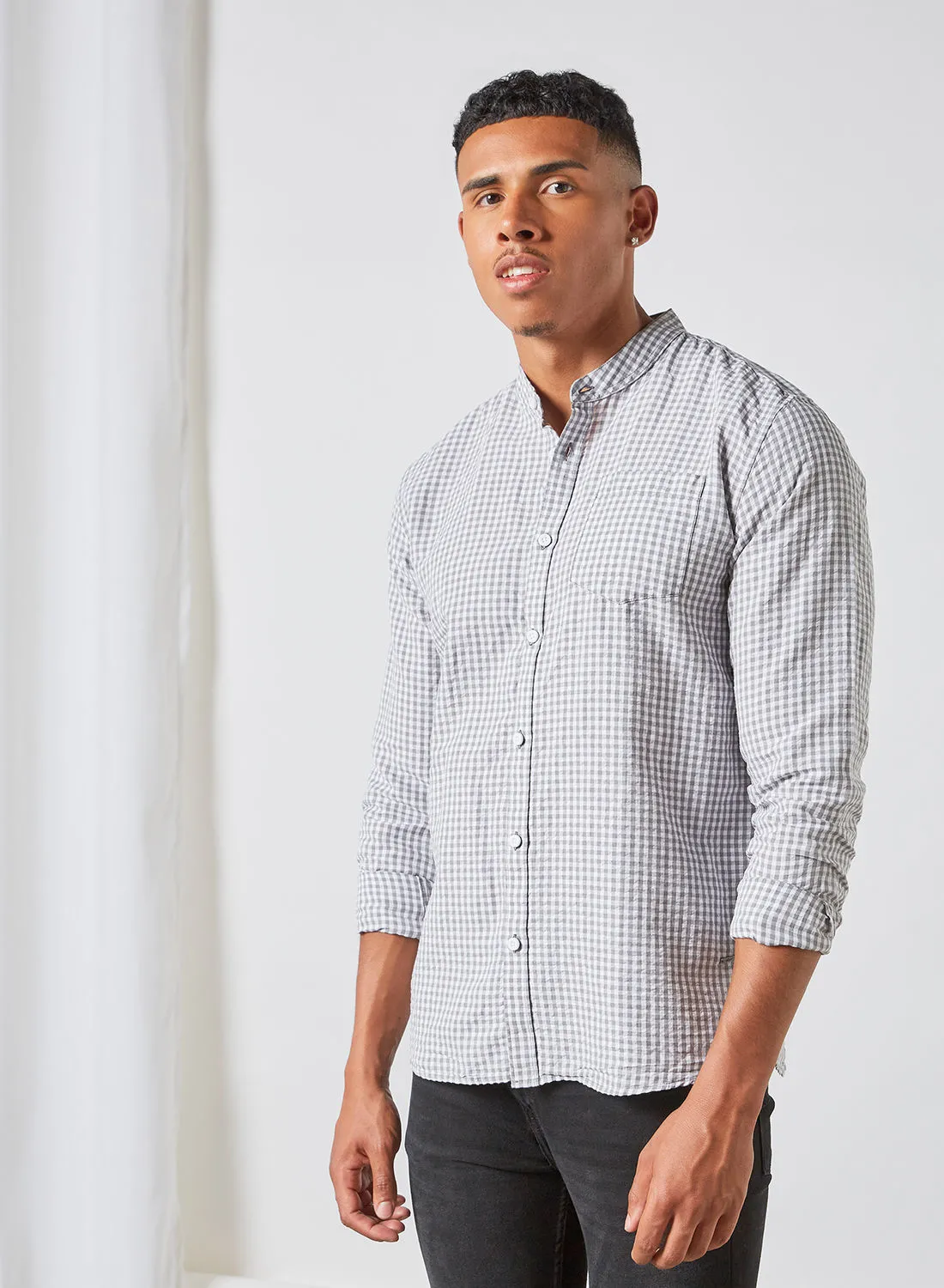 ABOF Checked Pattern Regular Fit Mandarin Neck Shirt Grey/White