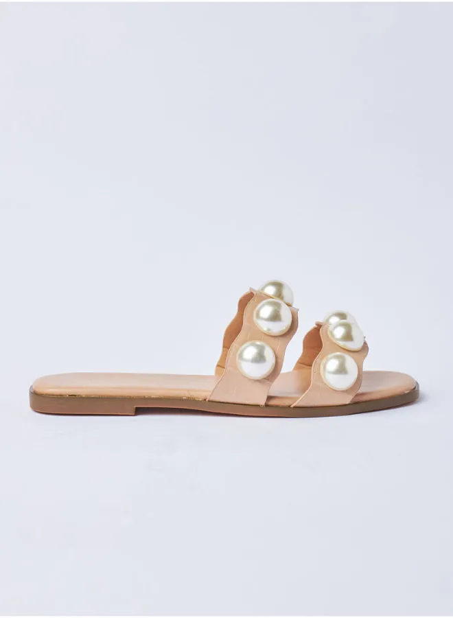 Aila Imitation Pearls Strapped Slip-On Flat Sandals Beige