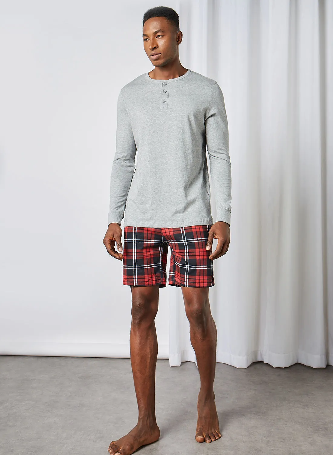 BRAVE SOUL Long Sleeve Lounge Shorts Set Light Grey Marl/Red Check