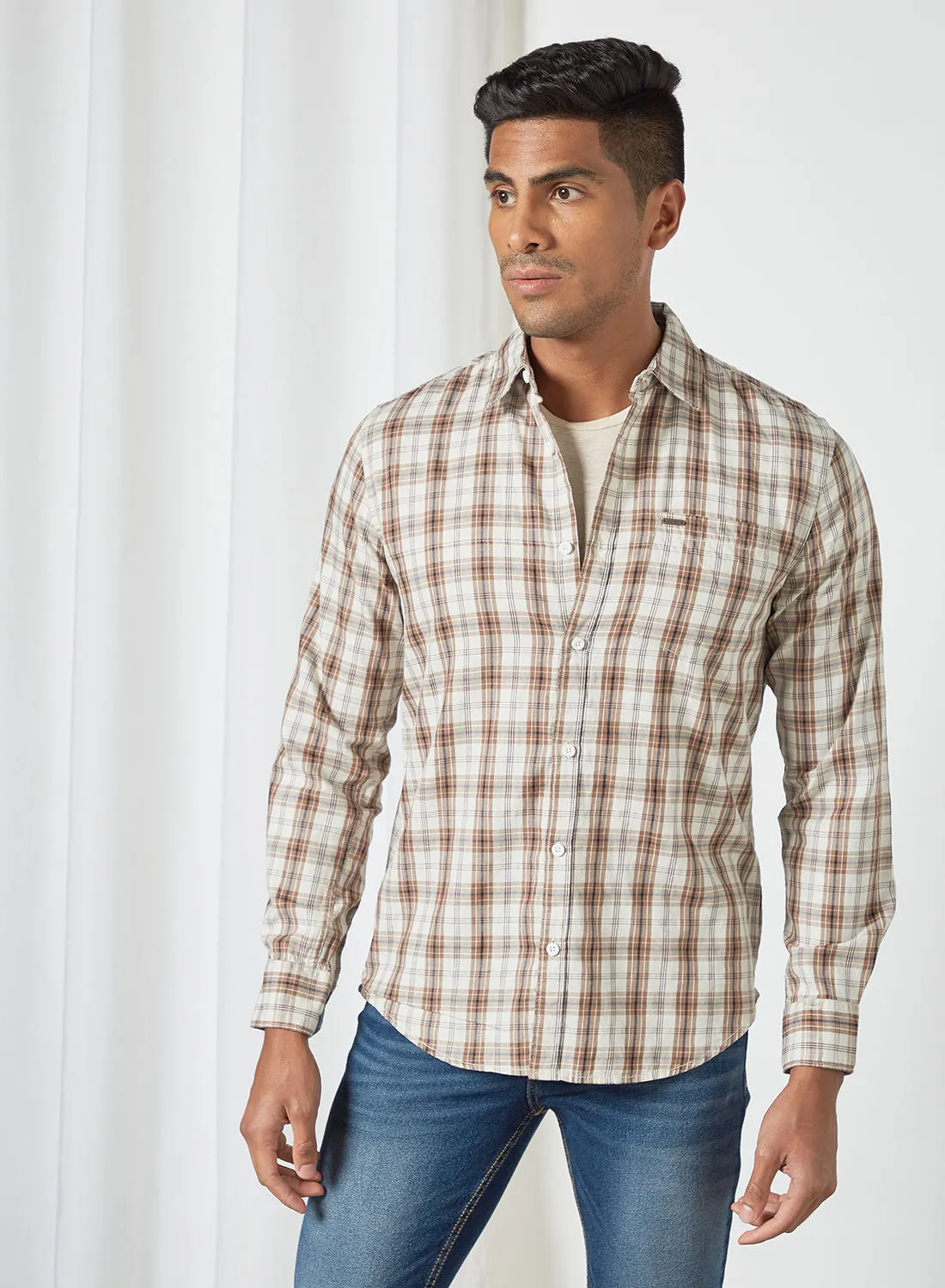 ABOF Checked Pattern Detail Regular Fit Shirt Beige/Brown/Black