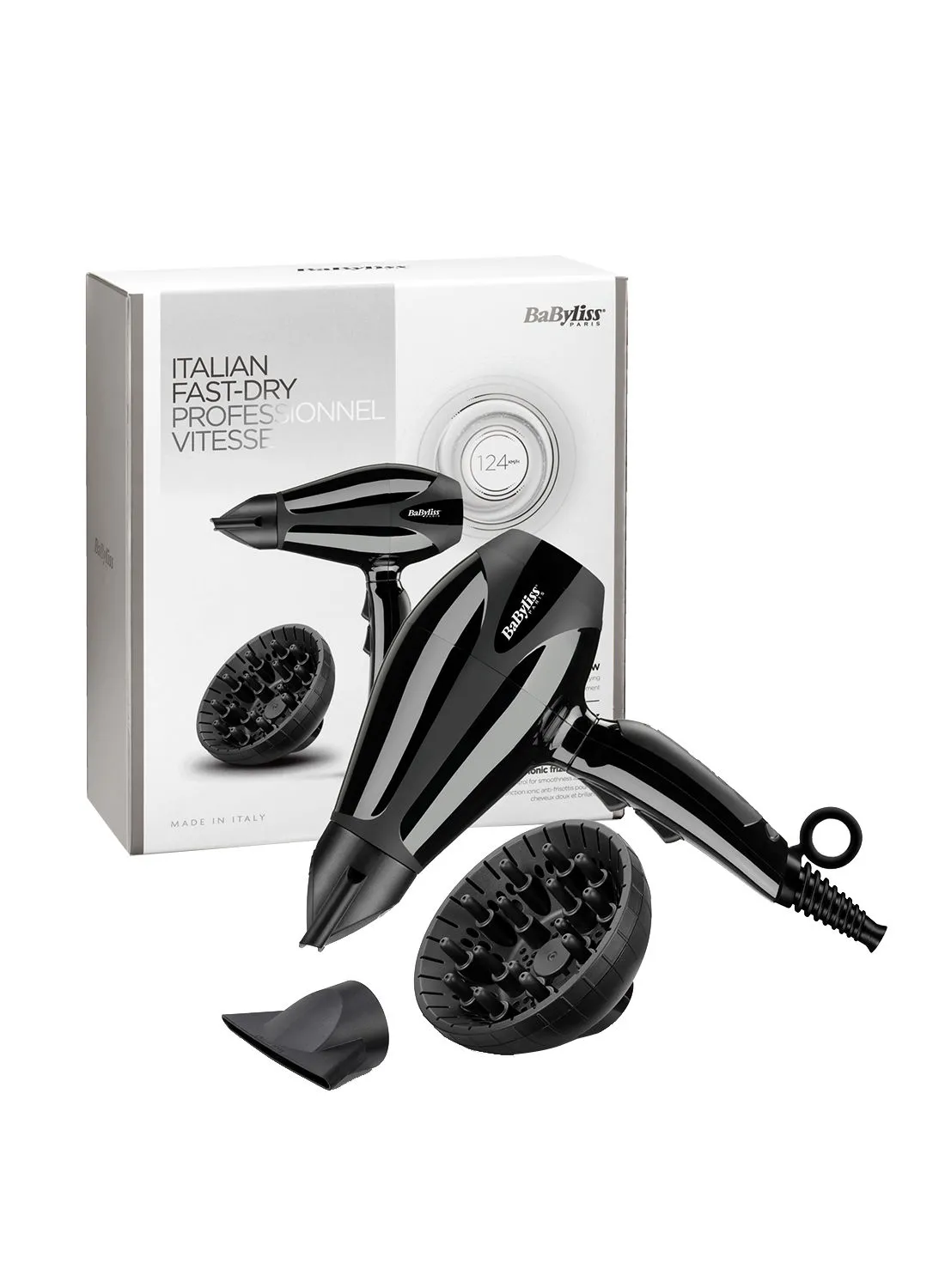babyliss Compact Pro 2400 ​Hair Dryer Ac, Italian Made For Quality And Long-Lasting Performance, Ultra-Slim Nozzle With Ionic Frizz Control Technology, Portable Dryer With Diffuser - 6715DSDE, Black Black 243x94x262mm