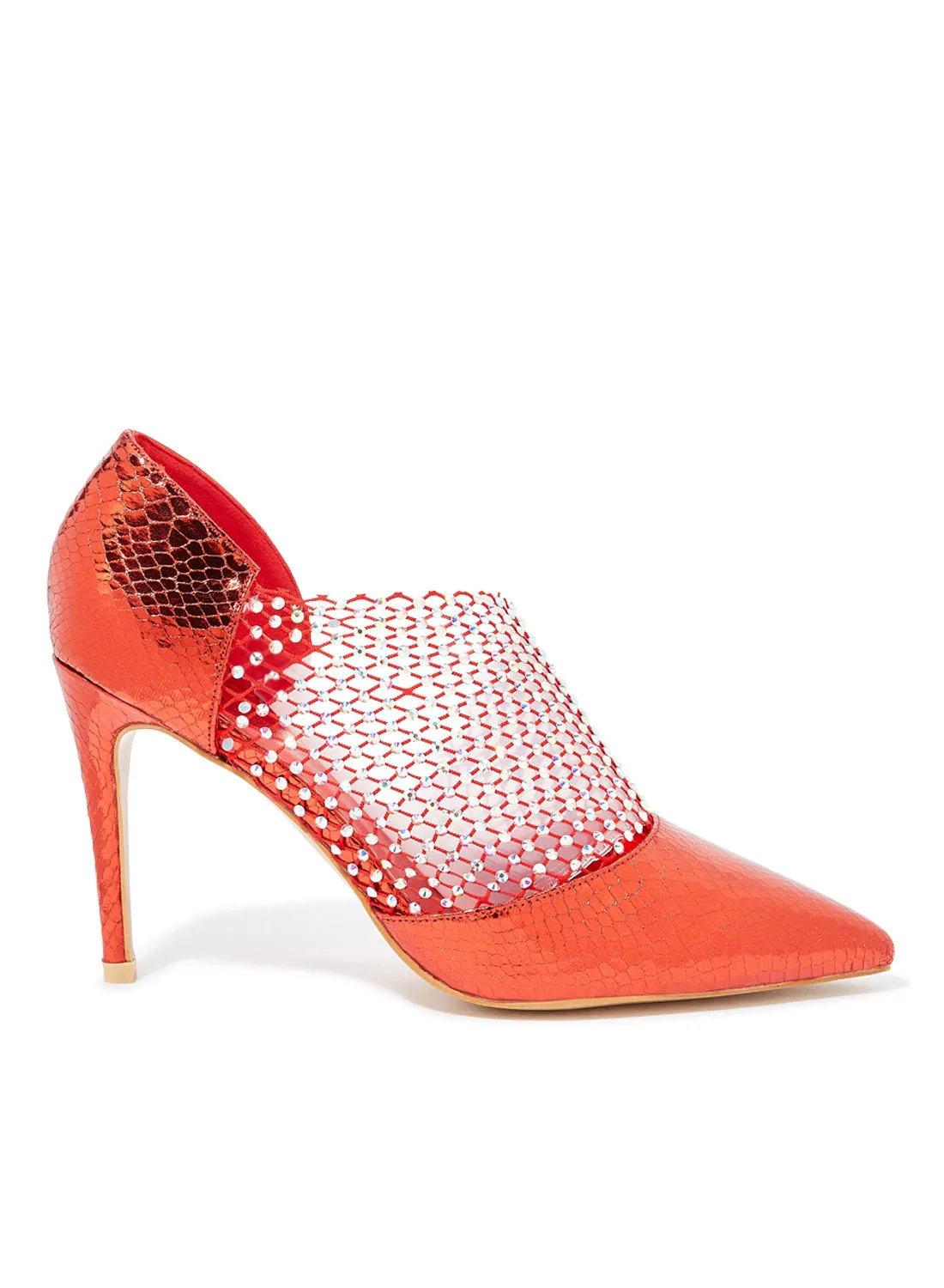 Ronnie Grey Mesh Panel Pointed Pumps Red
