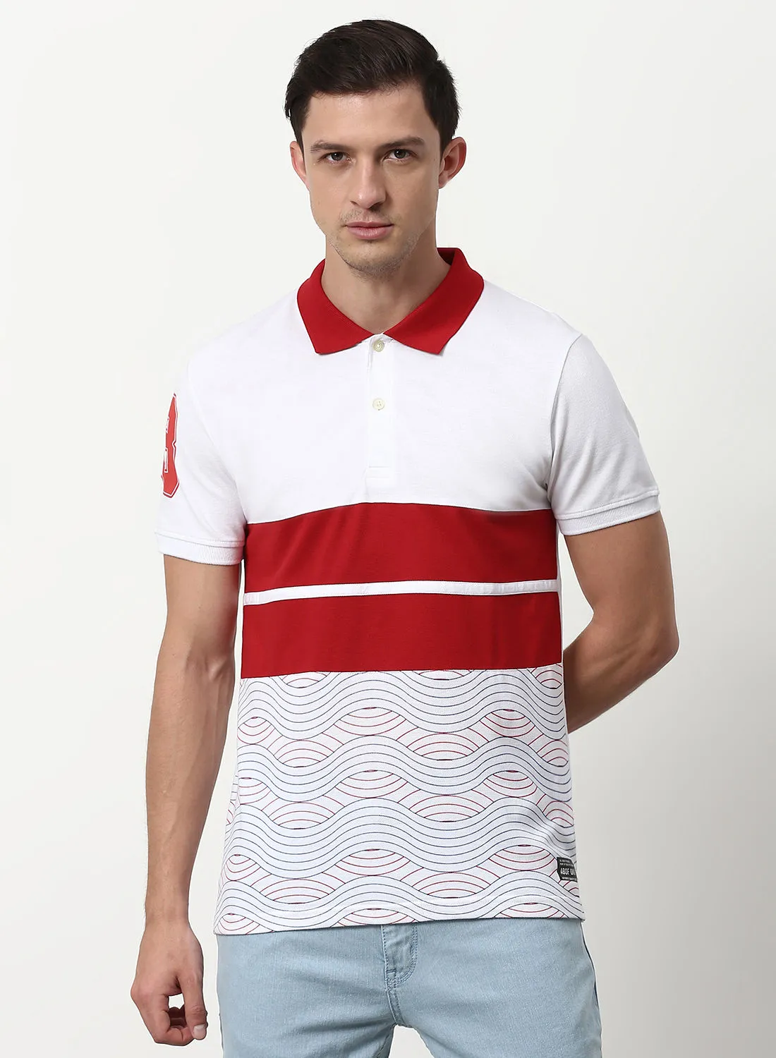 ABOF Colourblock Pattern Casual Slim Fit Polo White/Red Printed