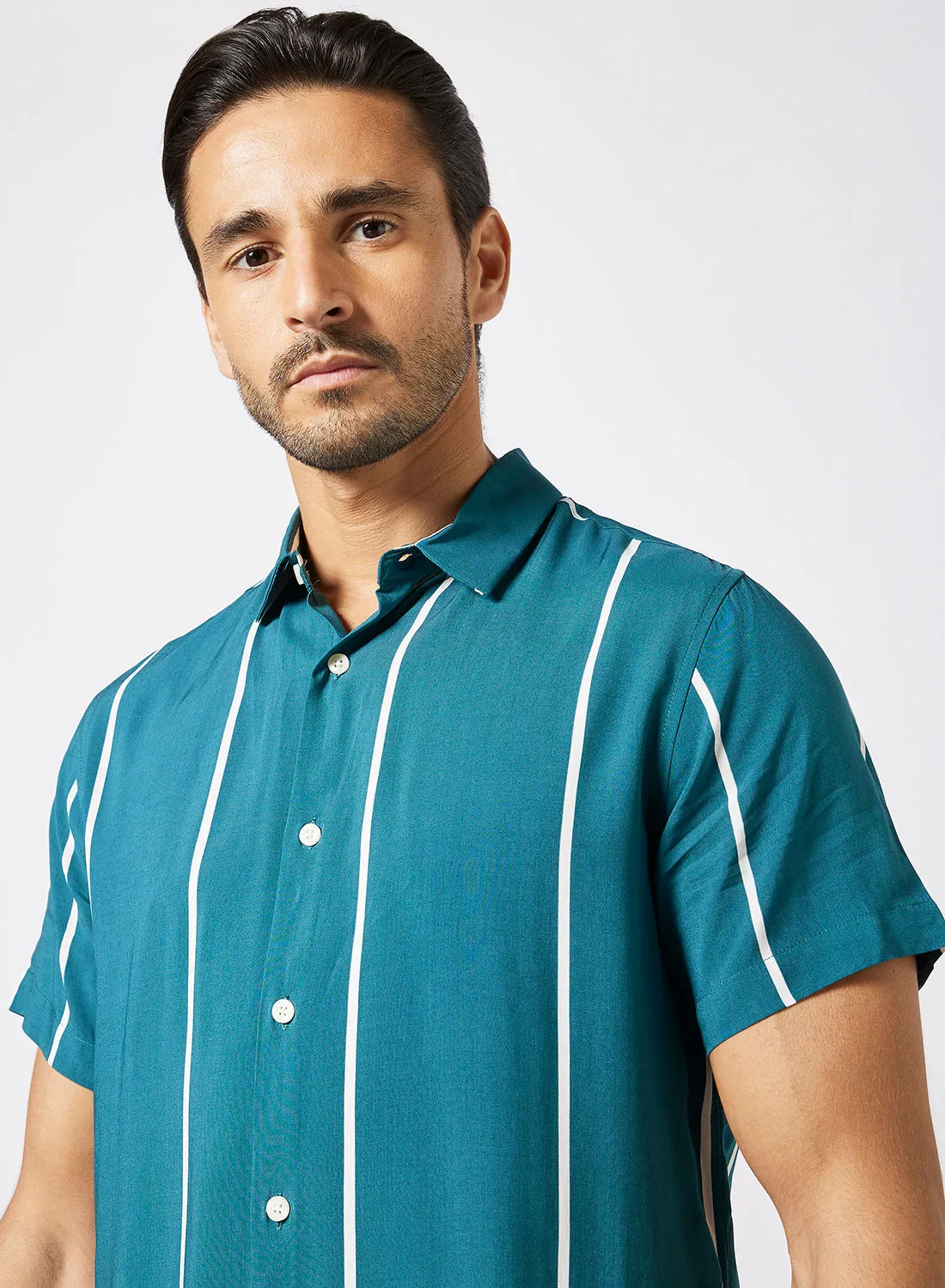 R&B Slim Fit Striped Short Sleeve Shirt Indigo
