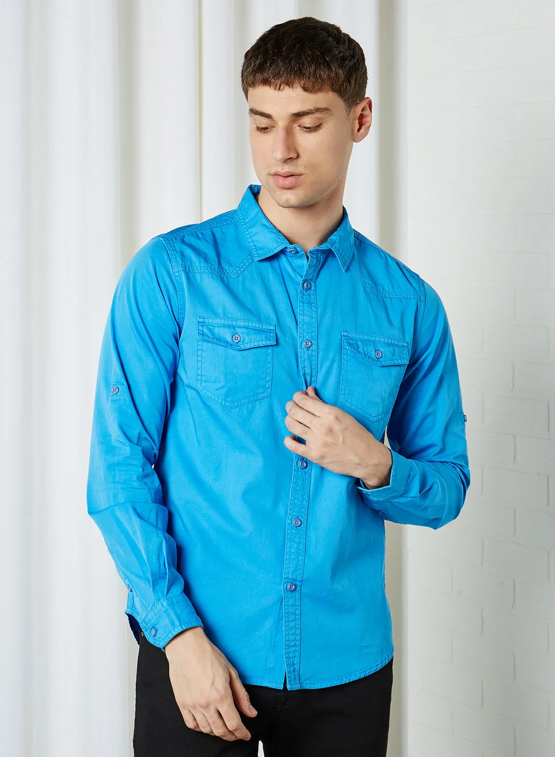 HERE&NOW Men's Slim Fit Casual Shirt Blue