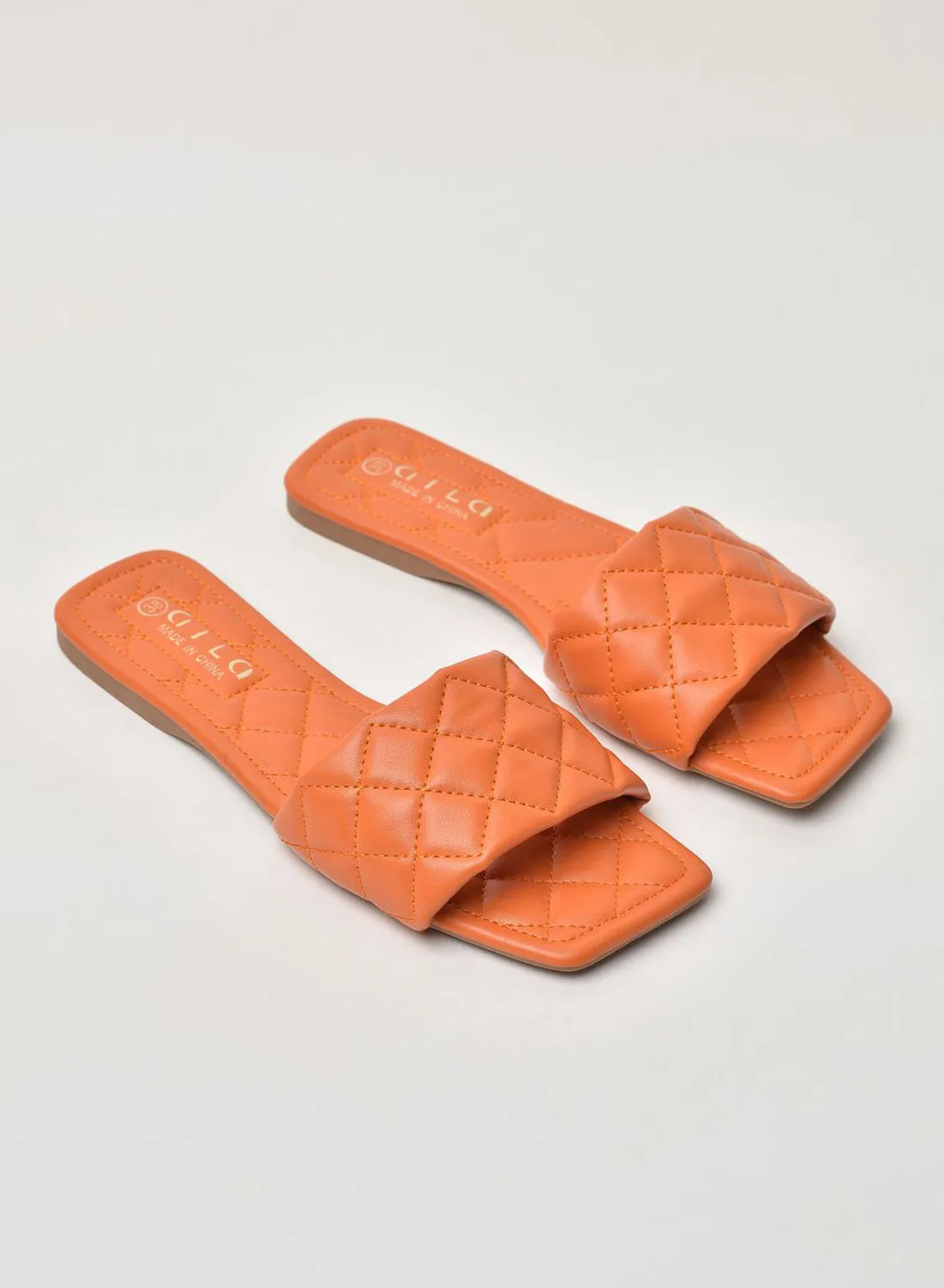 Aila Quilted Pattern Broad Strap Flat Sandals Orange