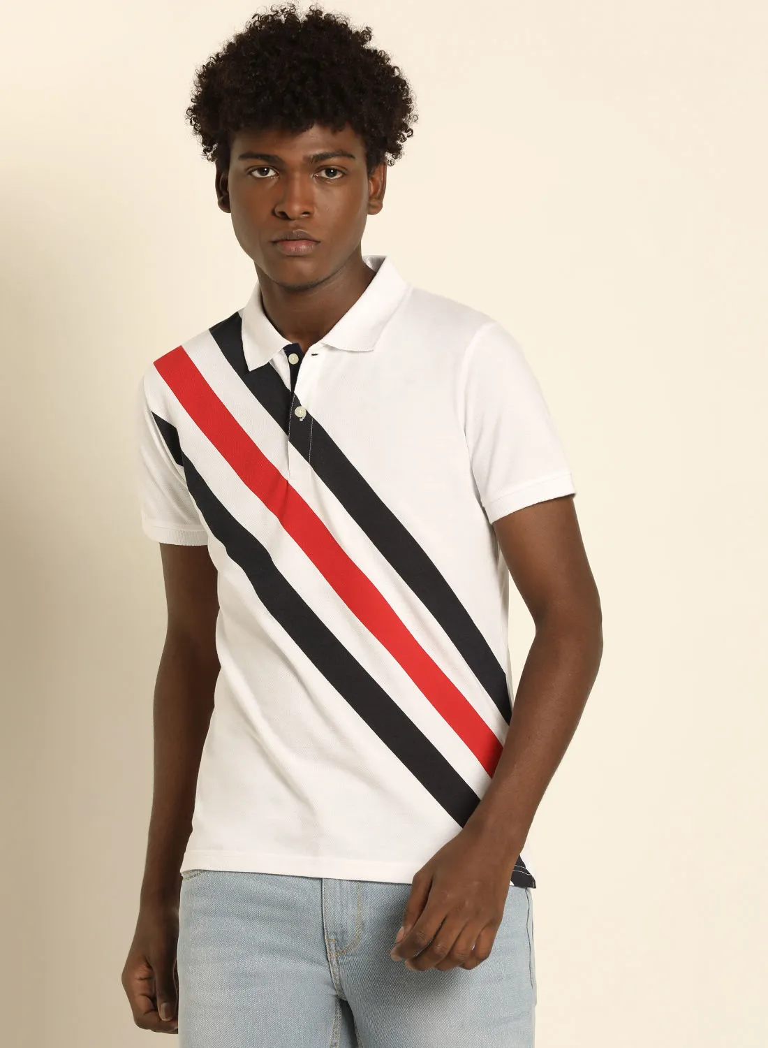 ABOF Stripes Slim Fit Collared Neck Polo White/Black/Red