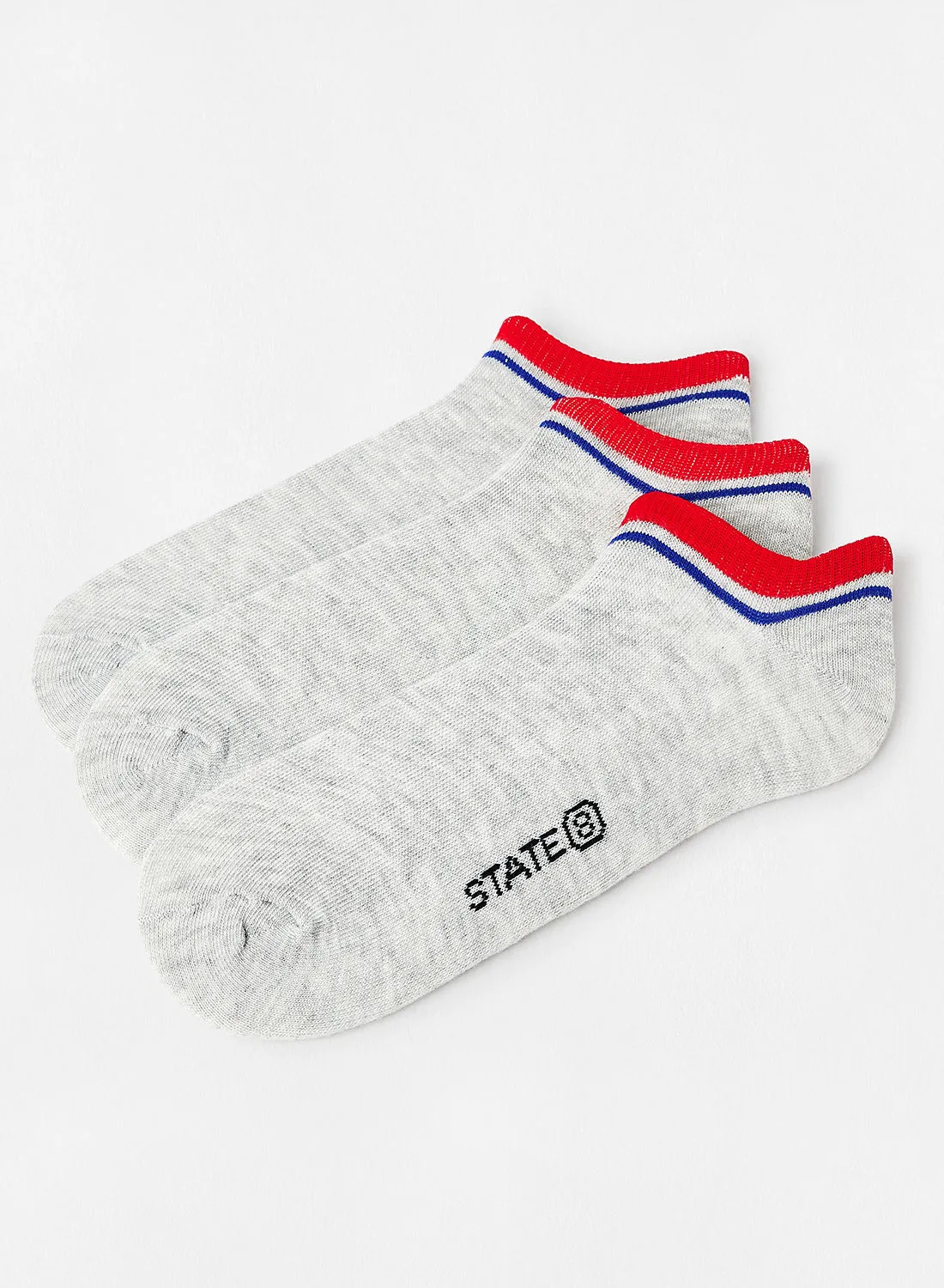 STATE 8 Contrast Ankle Socks (Pack of 3) Grey/Red