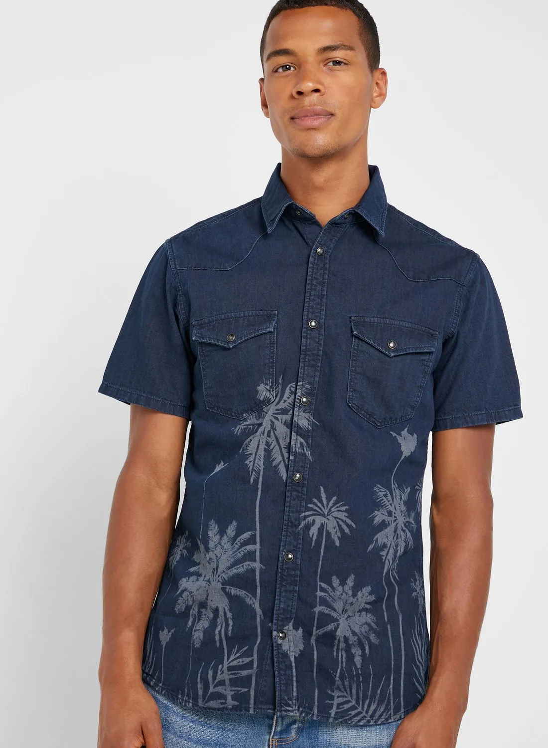 JACK & JONES Palm Print Slim Fit Denim Shirt