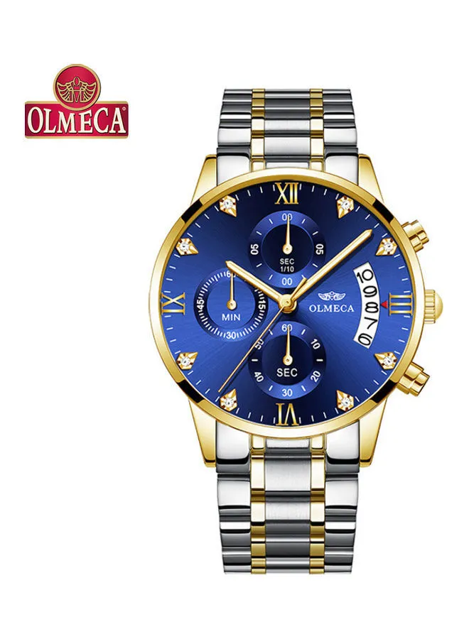 Generic OLMECA 78M steel band quartz waterproof watch with gold and blue surface