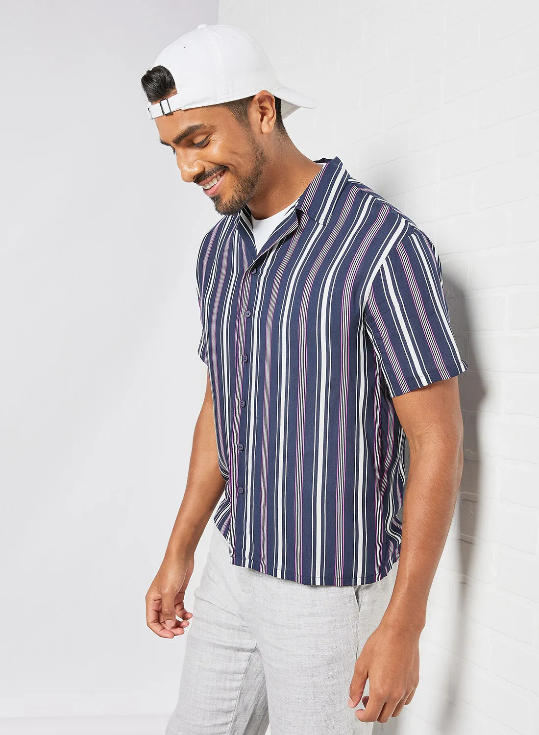 QUWA Bowling Collar Casual Short Sleeve Shirt Navy/White/Purple Stripe